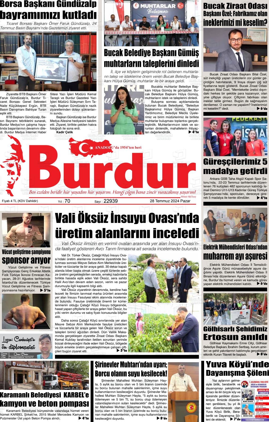 28 Temmuz 2024 Burdur Gazete Manşeti