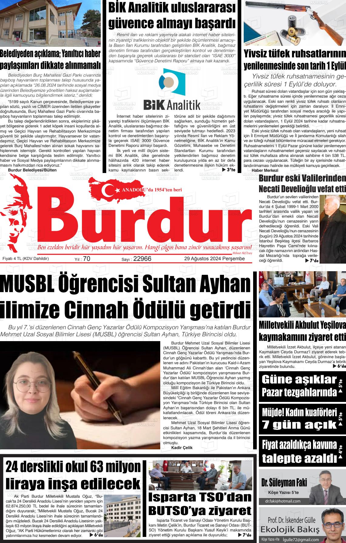 29 Ağustos 2024 Burdur Gazete Manşeti