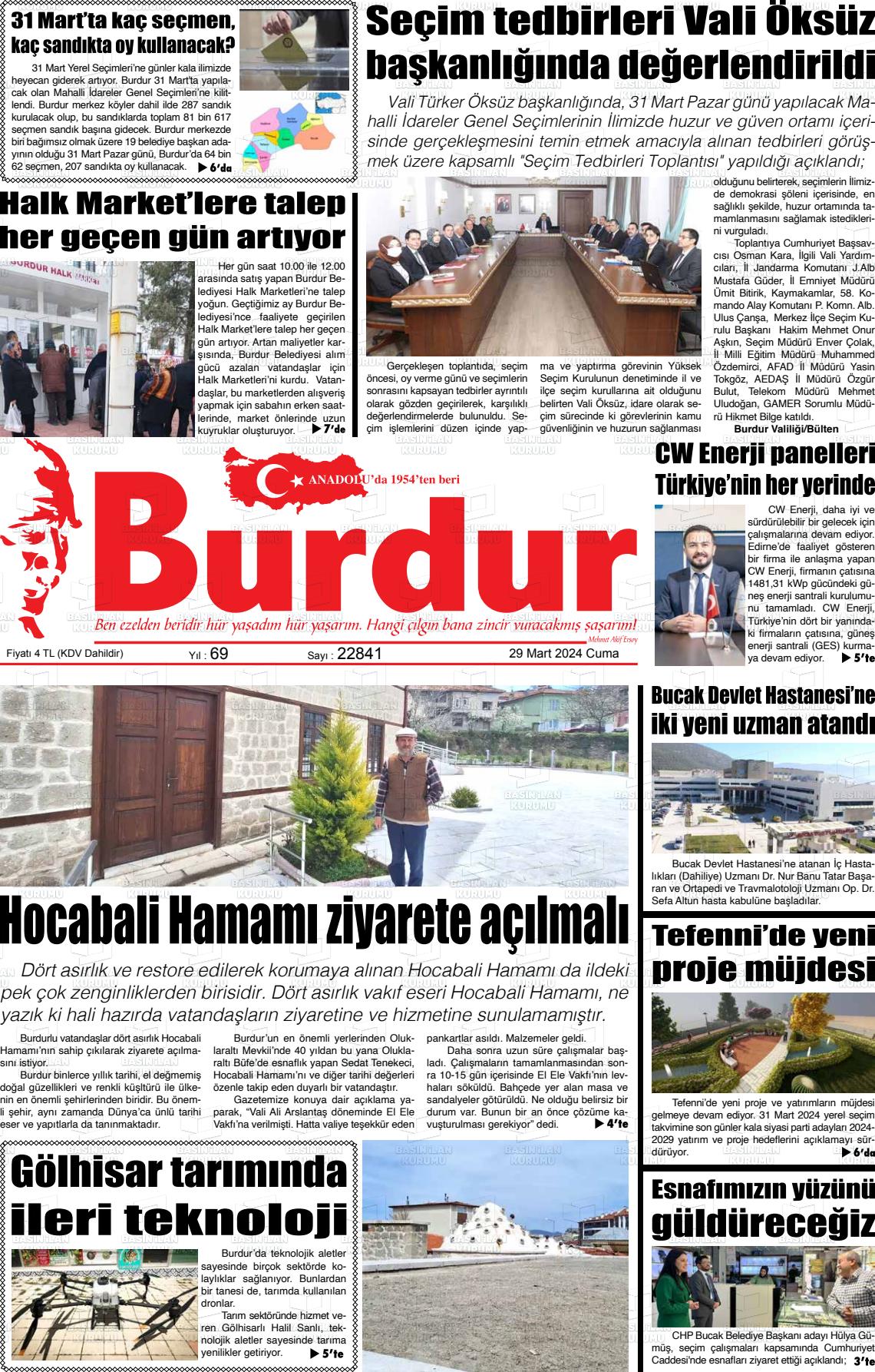 29 Mart 2024 Burdur Gazete Manşeti