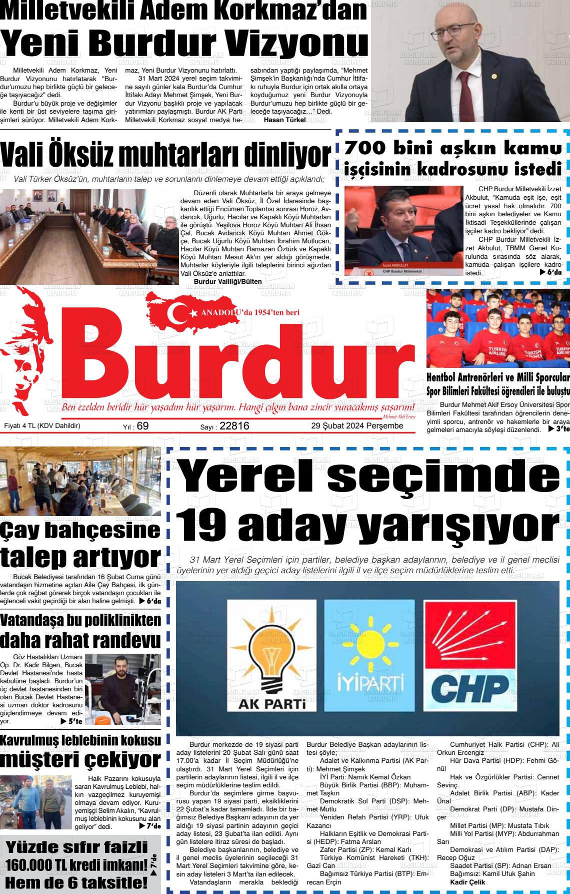 29 Şubat 2024 Burdur Gazete Manşeti