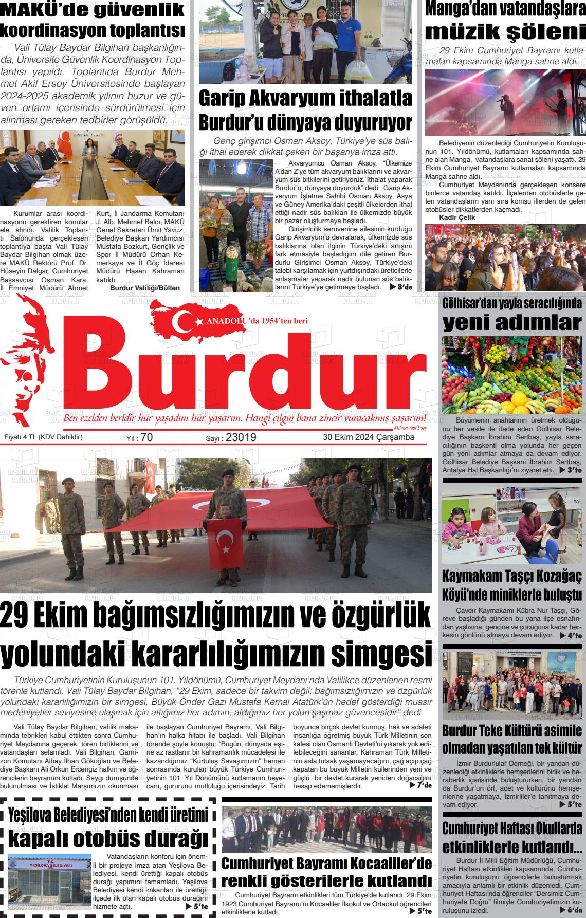 30 Ekim 2024 Burdur Gazete Manşeti