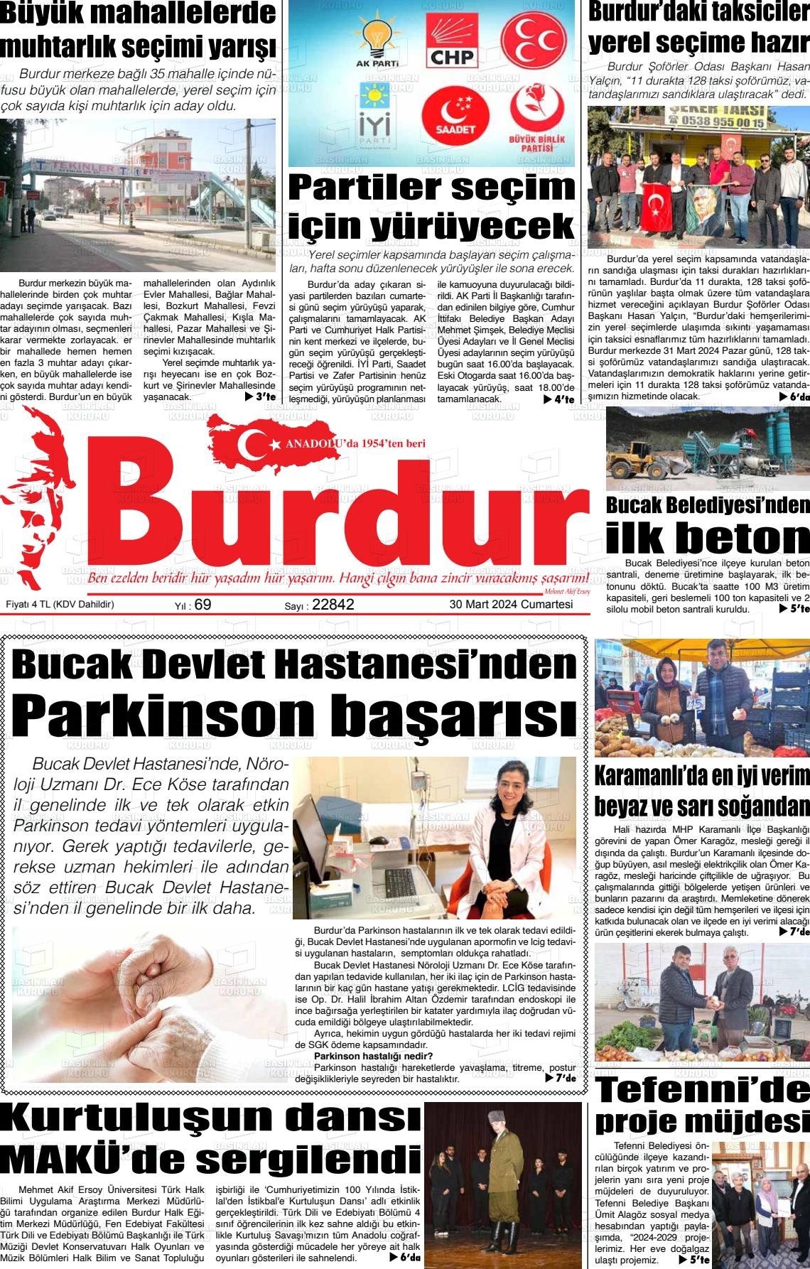 30 Mart 2024 Burdur Gazete Manşeti