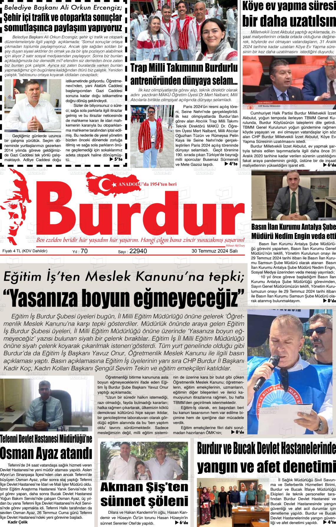 30 Temmuz 2024 Burdur Gazete Manşeti