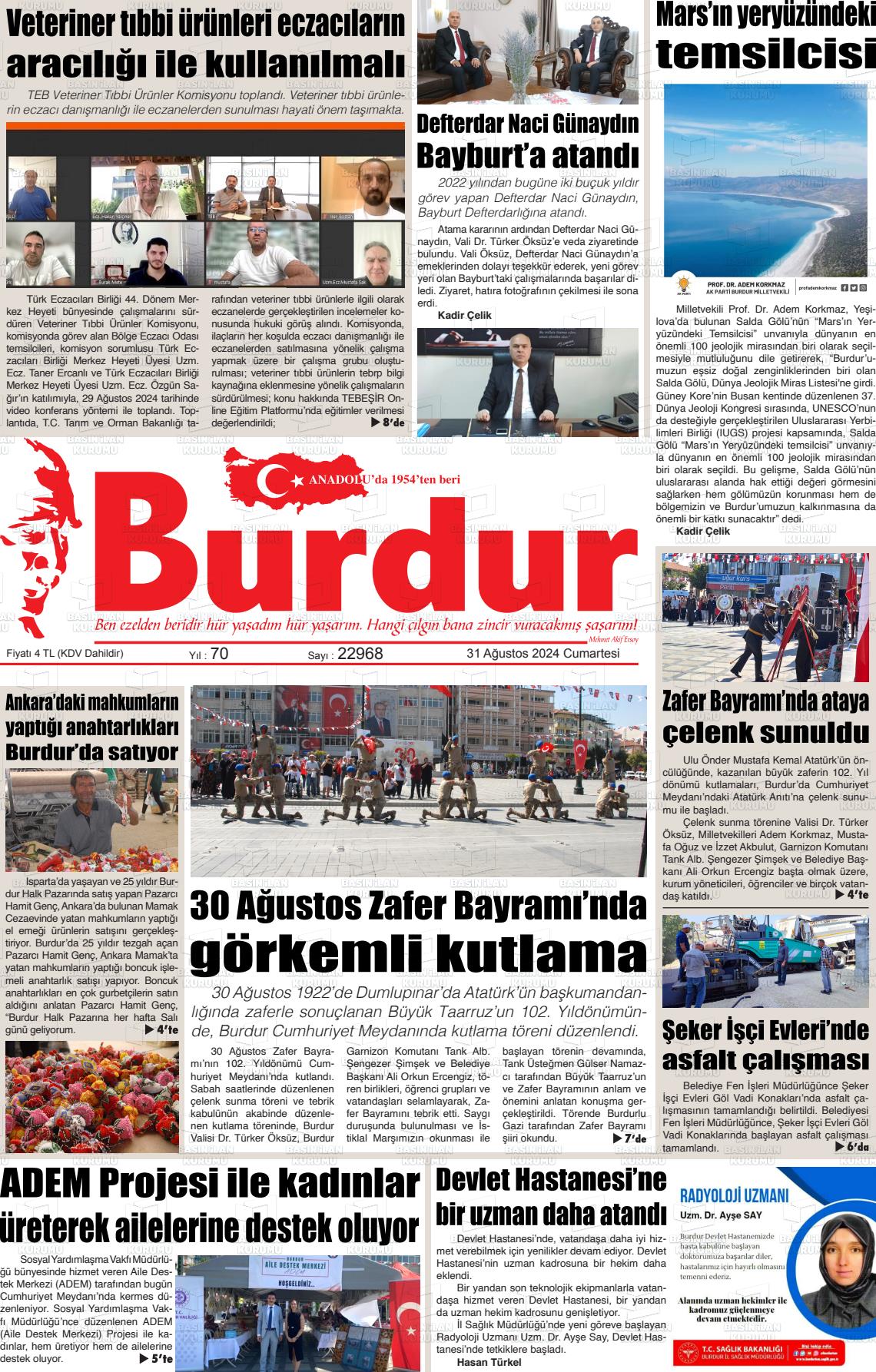 31 Ağustos 2024 Burdur Gazete Manşeti