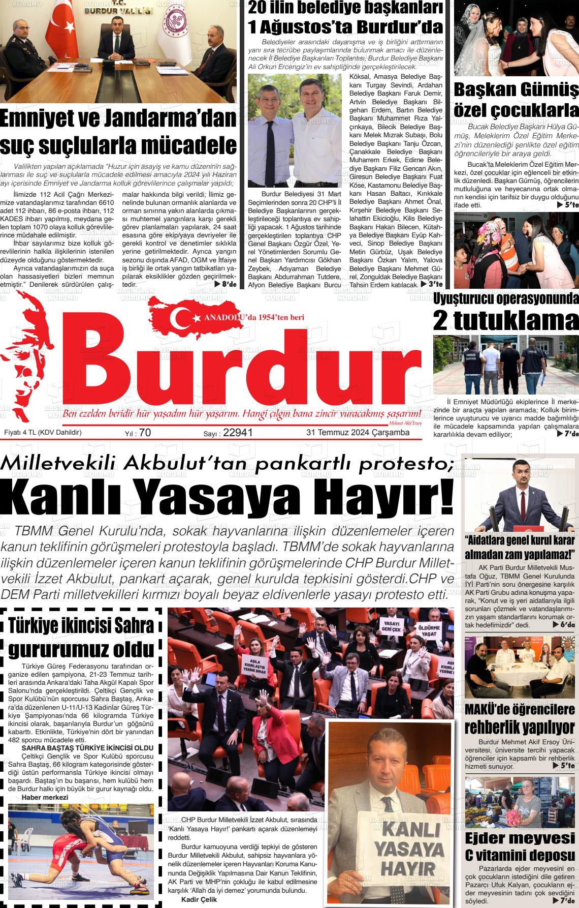 31 Temmuz 2024 Burdur Gazete Manşeti