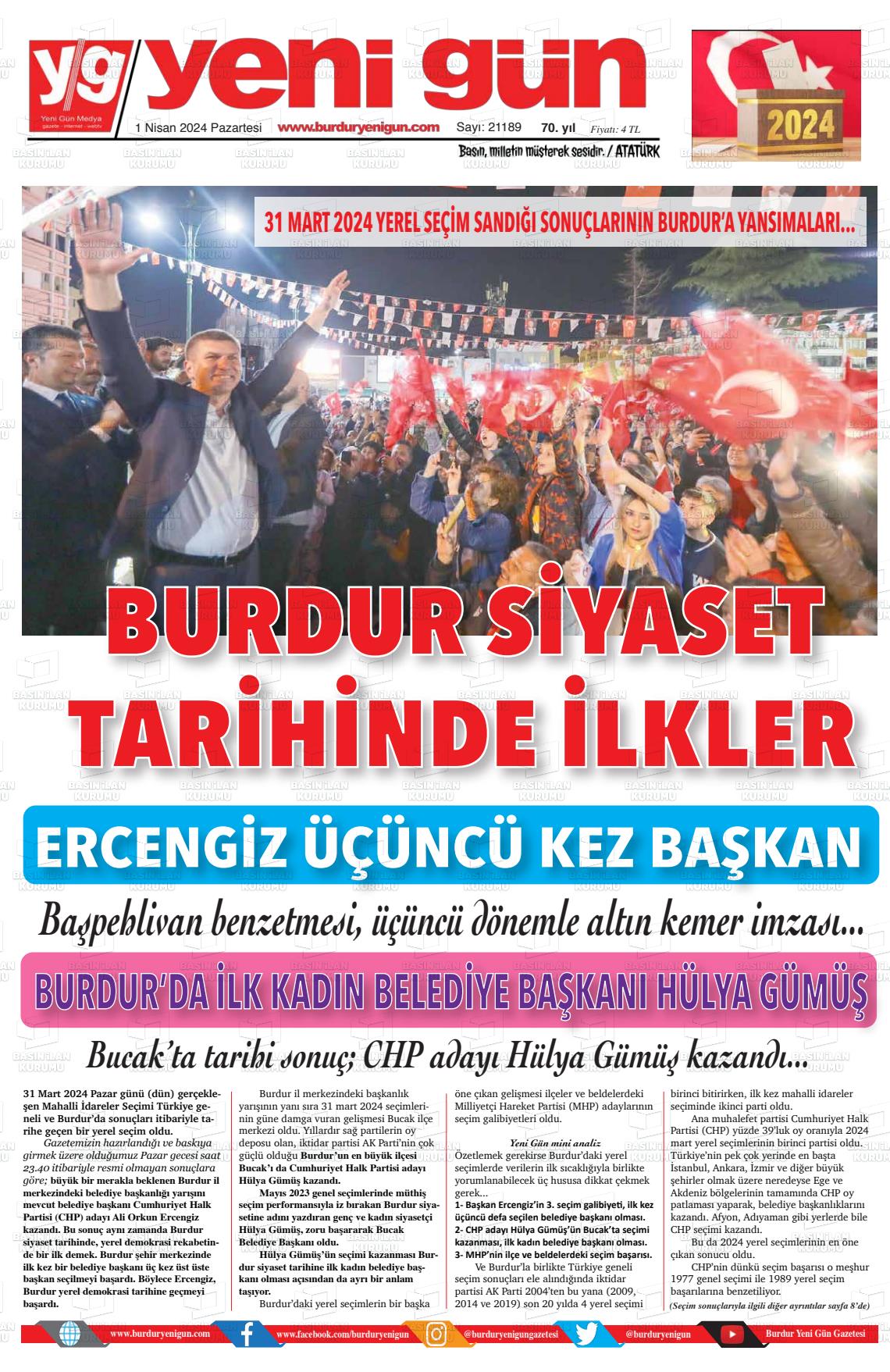 01 Nisan 2024 Burdur Yeni Gün Gazete Manşeti