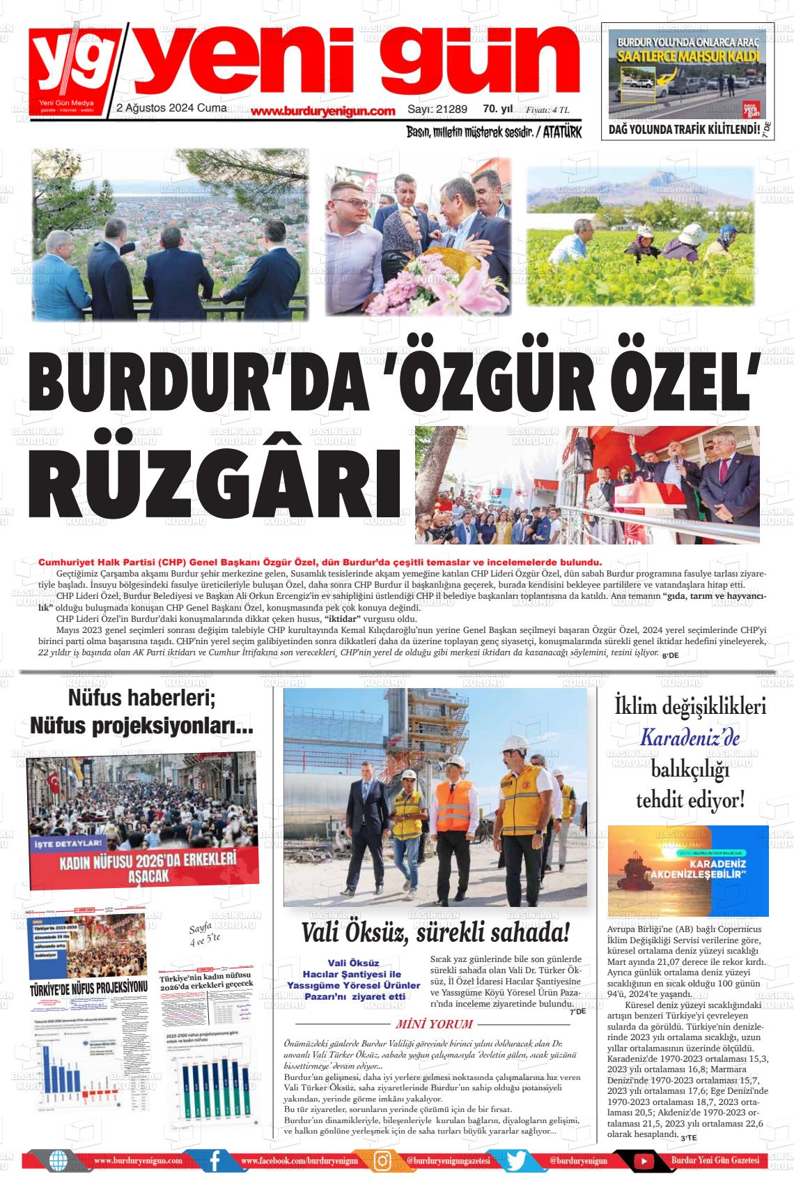 02 Ağustos 2024 Burdur Yeni Gün Gazete Manşeti