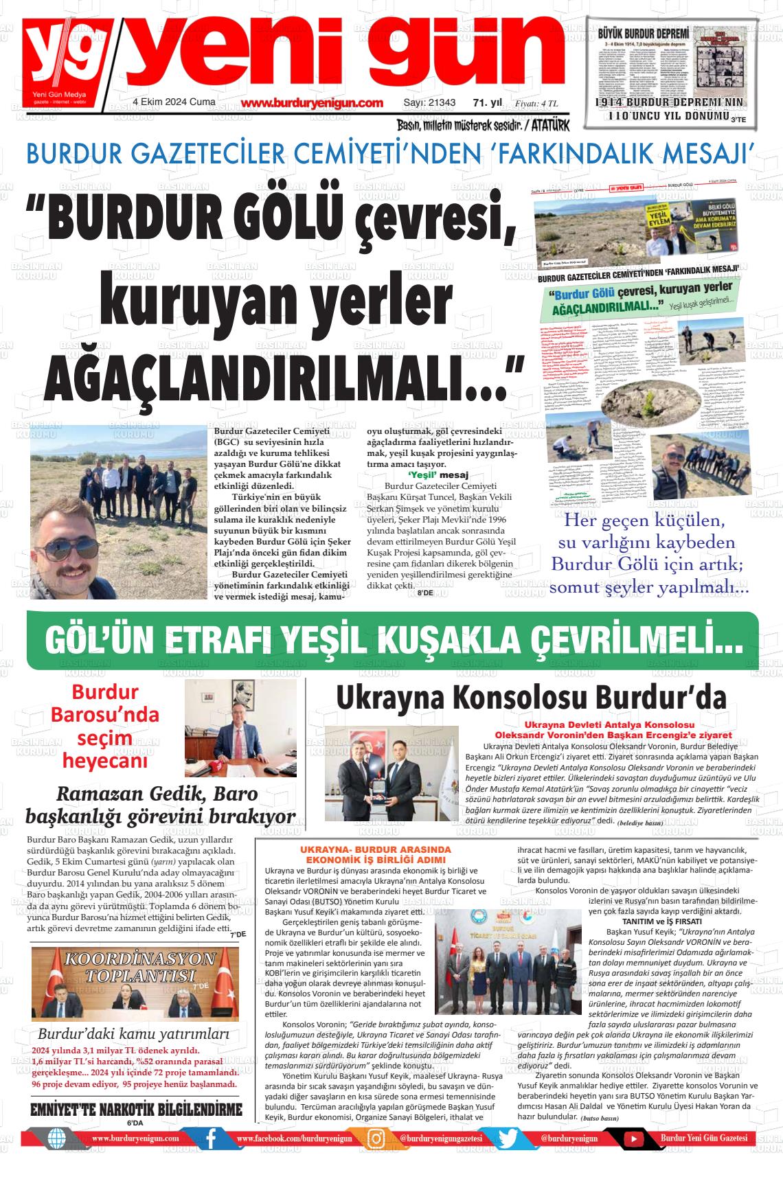 04 Ekim 2024 Burdur Yeni Gün Gazete Manşeti