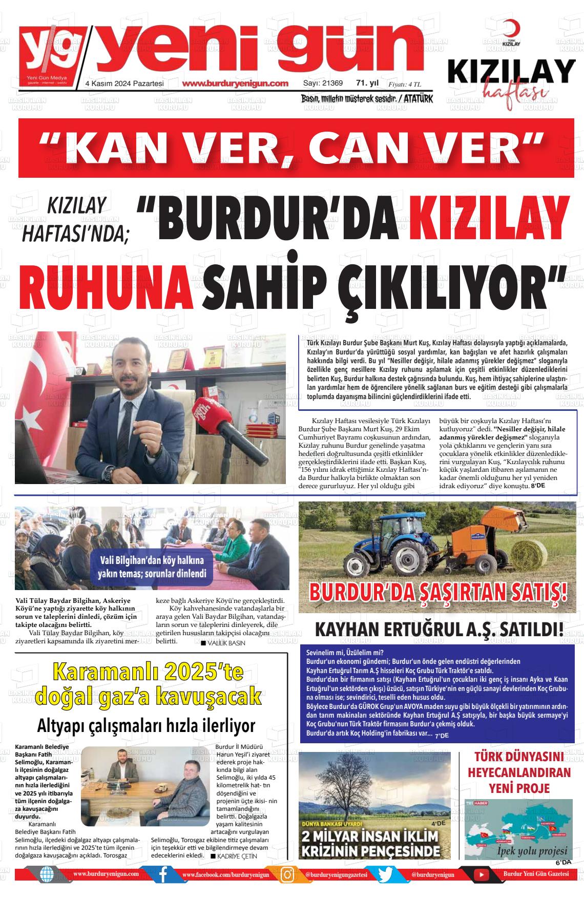 04 Kasım 2024 Burdur Yeni Gün Gazete Manşeti