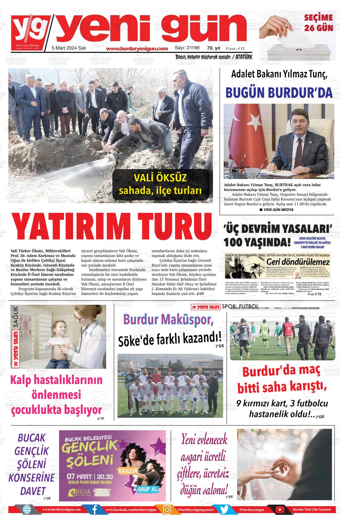 07 Mart 2024 Burdur Yeni Gün Gazete Manşeti