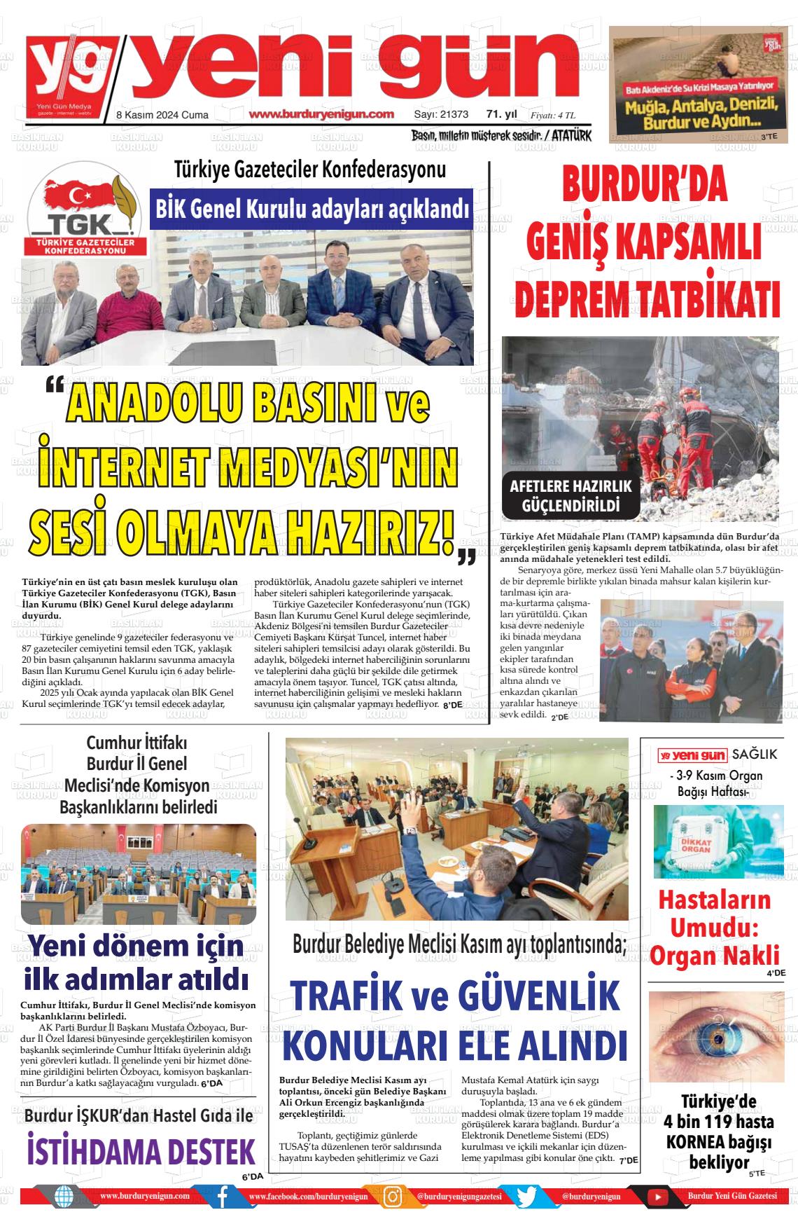 08 Kasım 2024 Burdur Yeni Gün Gazete Manşeti