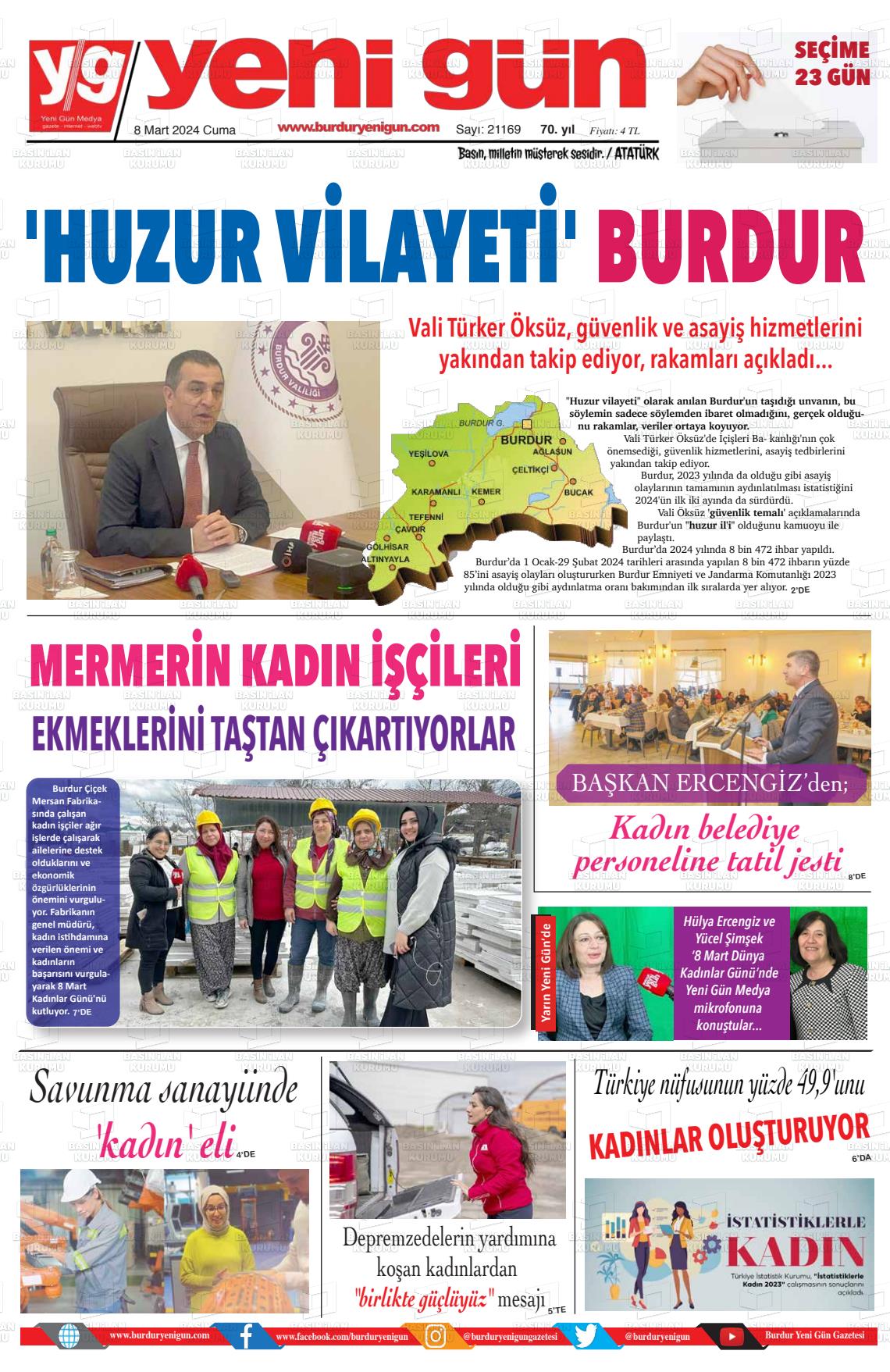 08 Mart 2024 Burdur Yeni Gün Gazete Manşeti