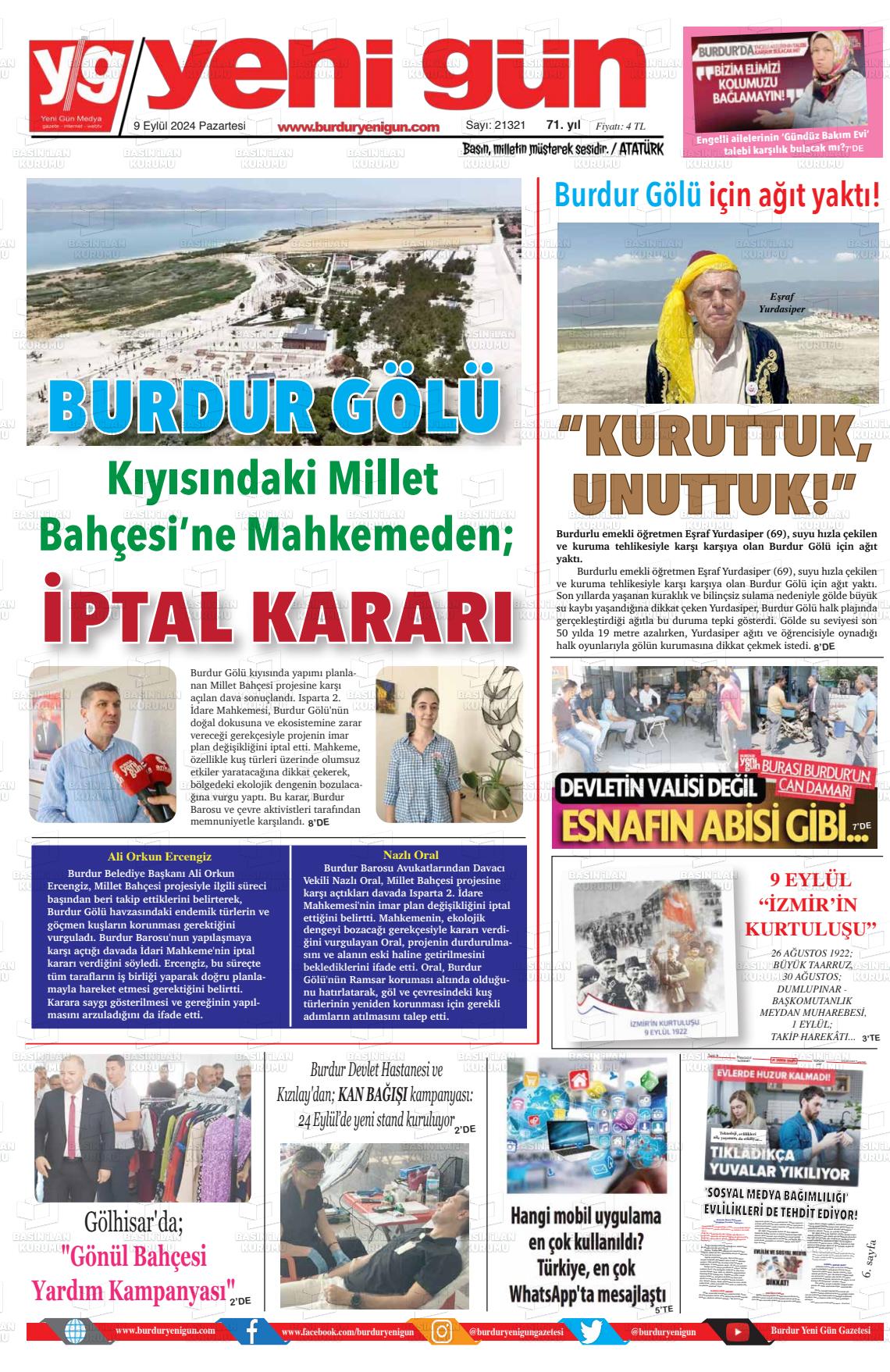 09 Eylül 2024 Burdur Yeni Gün Gazete Manşeti