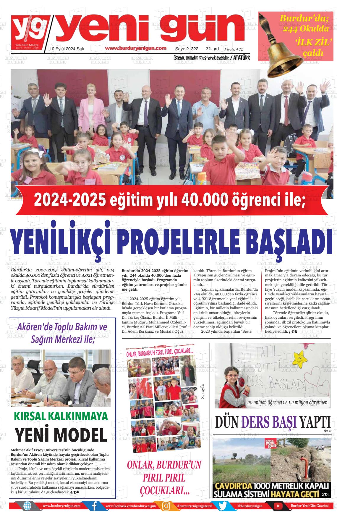 10 Eylül 2024 Burdur Yeni Gün Gazete Manşeti