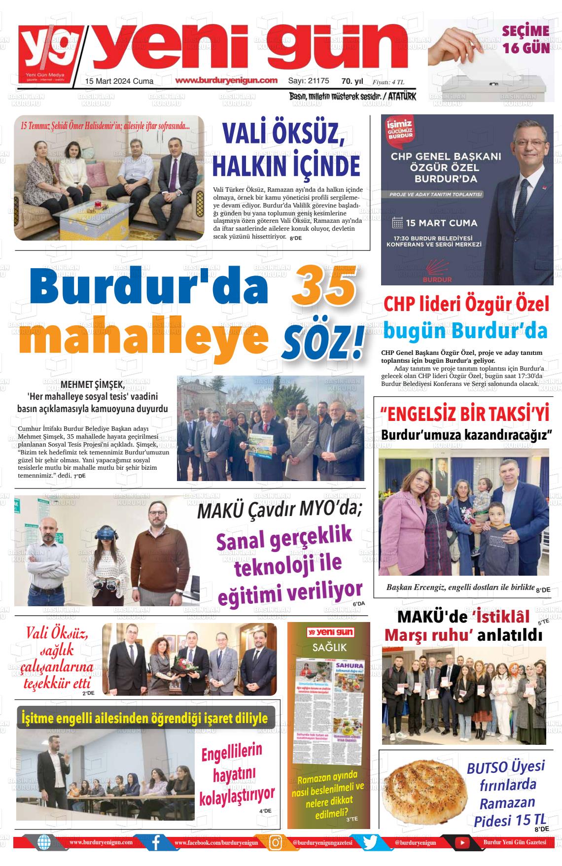 15 Mart 2024 Burdur Yeni Gün Gazete Manşeti