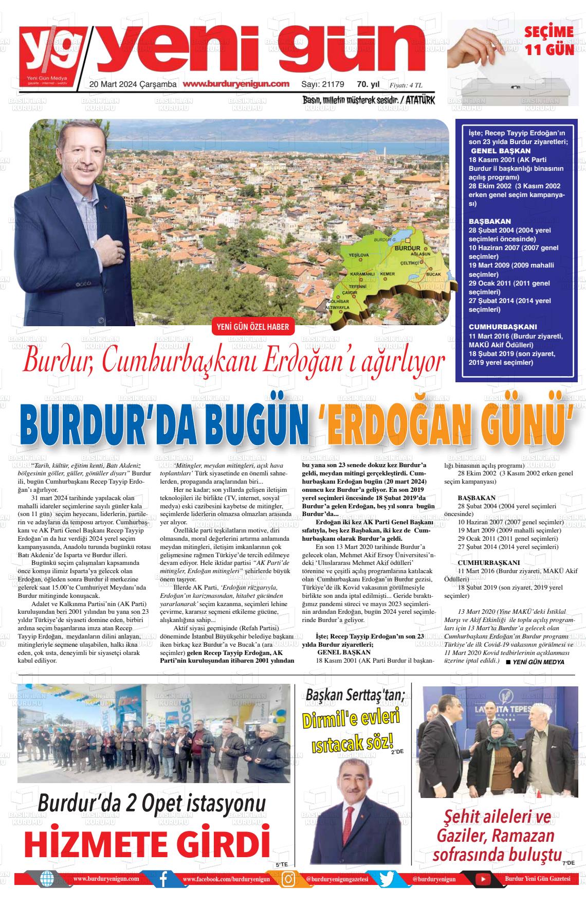 20 Mart 2024 Burdur Yeni Gün Gazete Manşeti