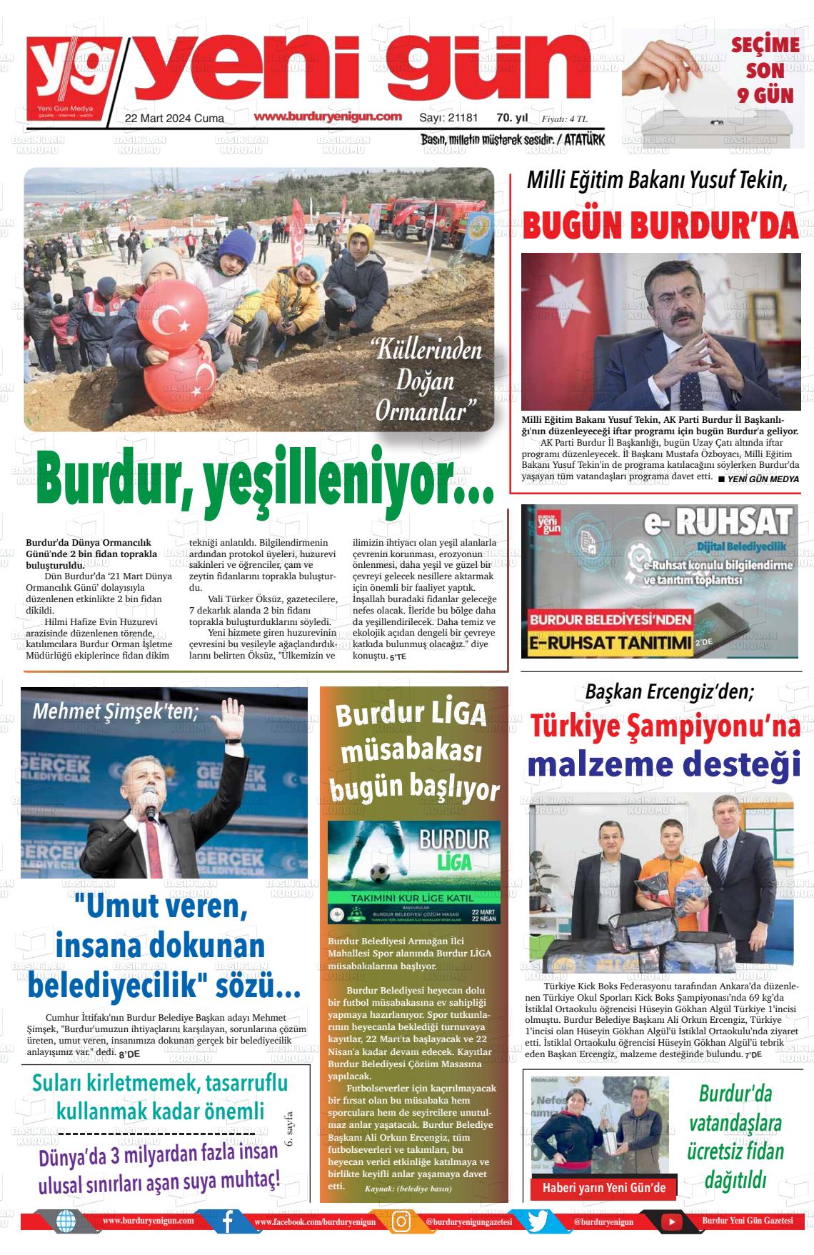 22 Mart 2024 Burdur Yeni Gün Gazete Manşeti