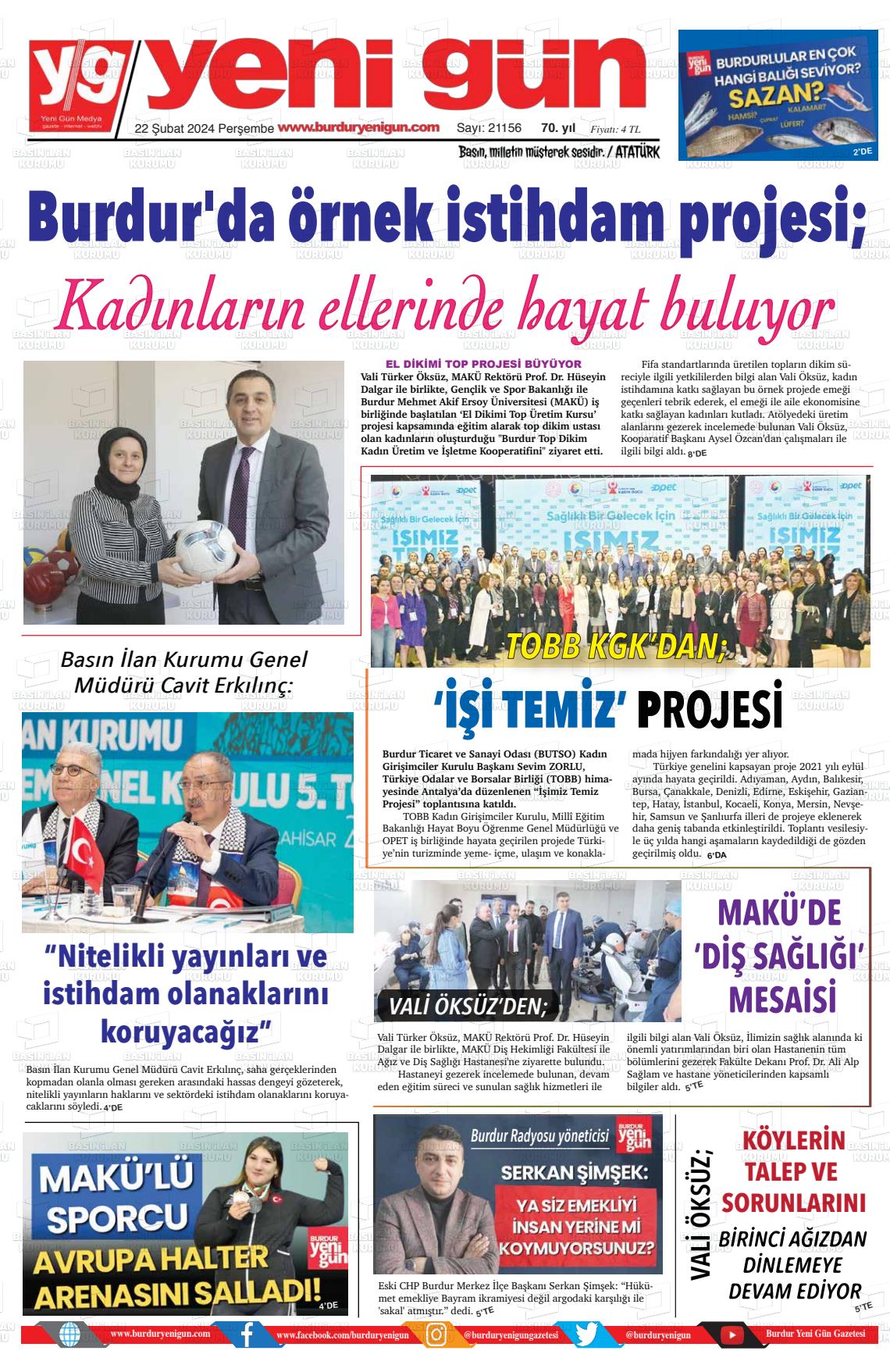 22 Şubat 2024 Burdur Yeni Gün Gazete Manşeti