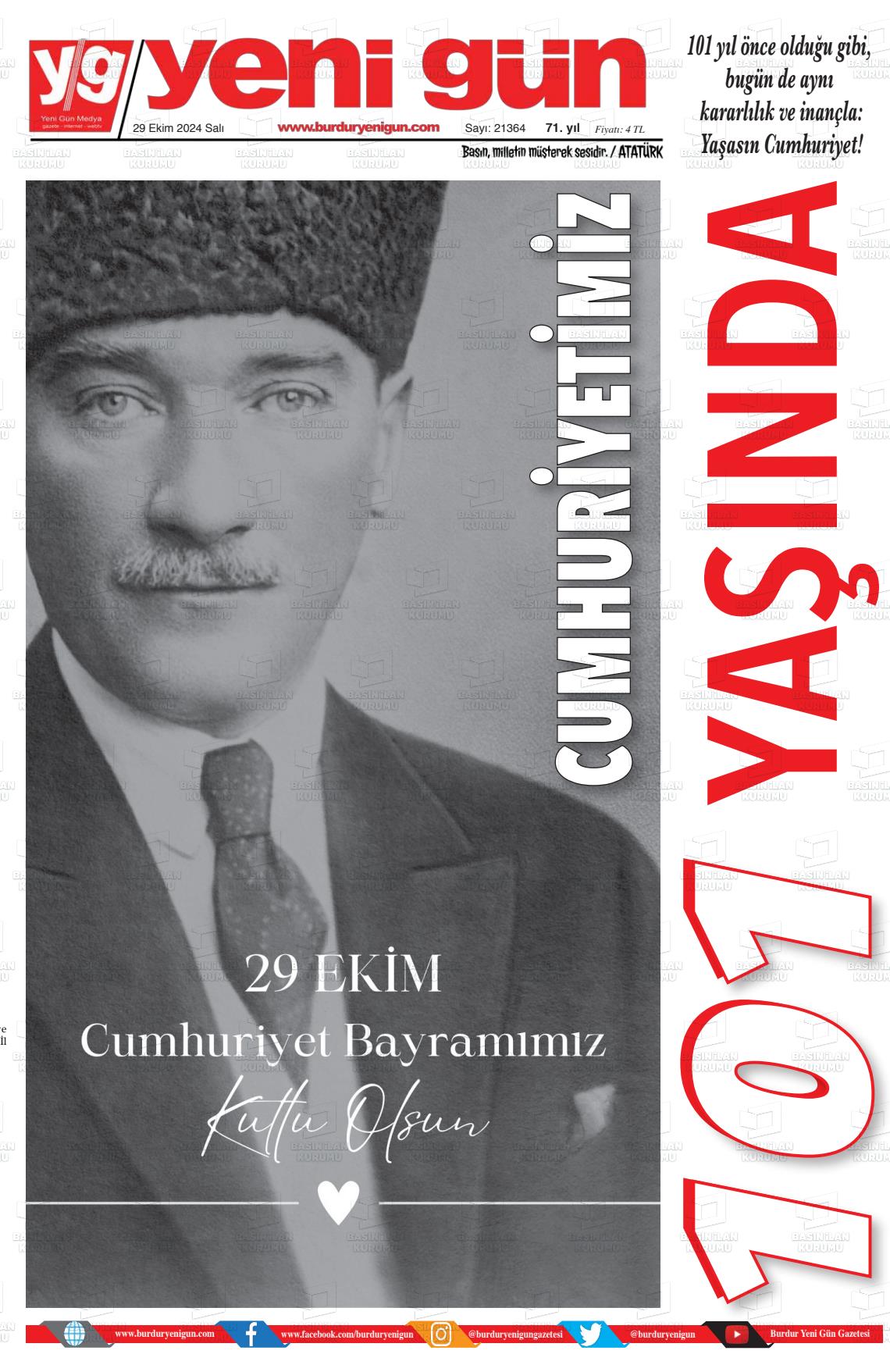 29 Ekim 2024 Burdur Yeni Gün Gazete Manşeti