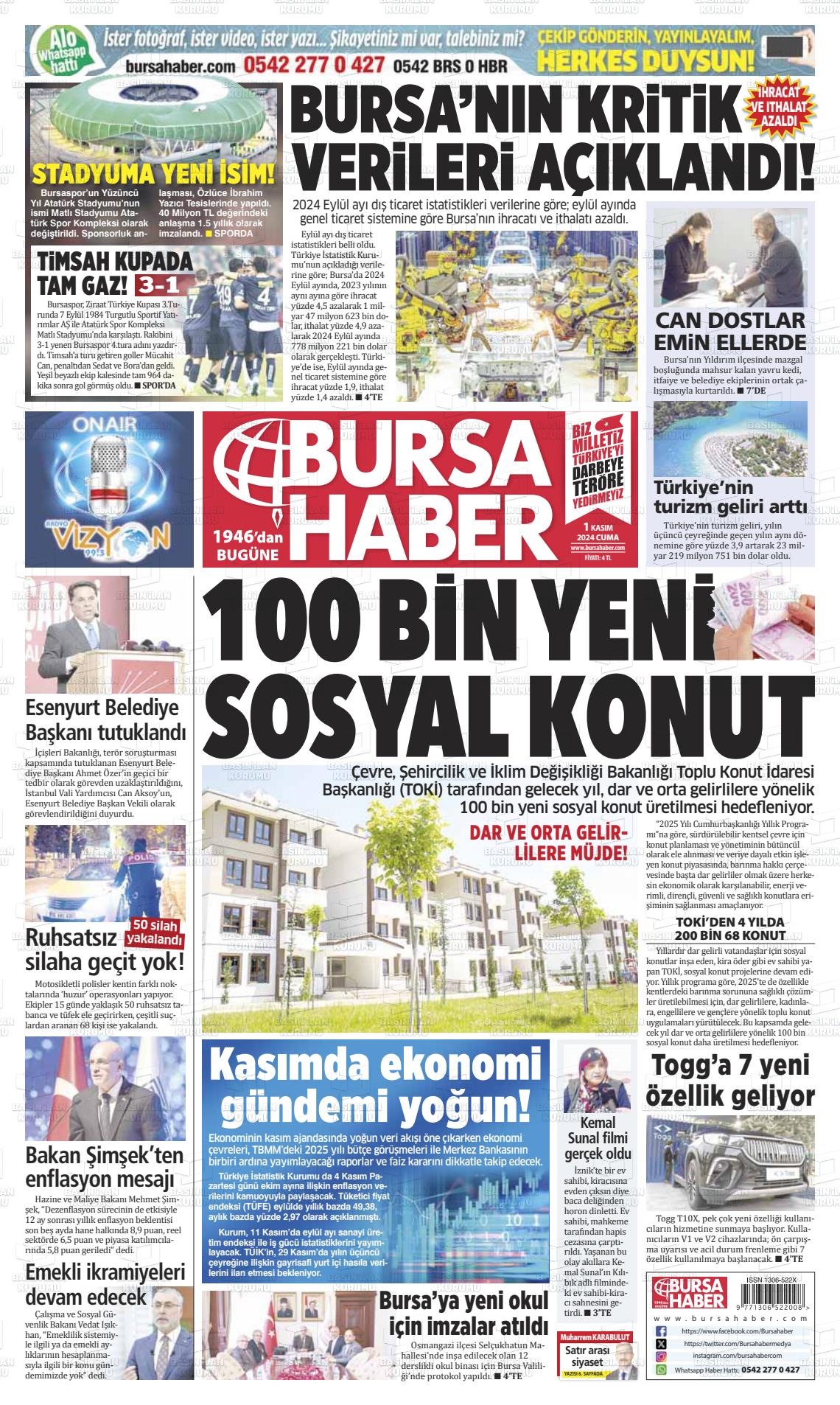 01 Kasım 2024 Bursa Haber Gazete Manşeti