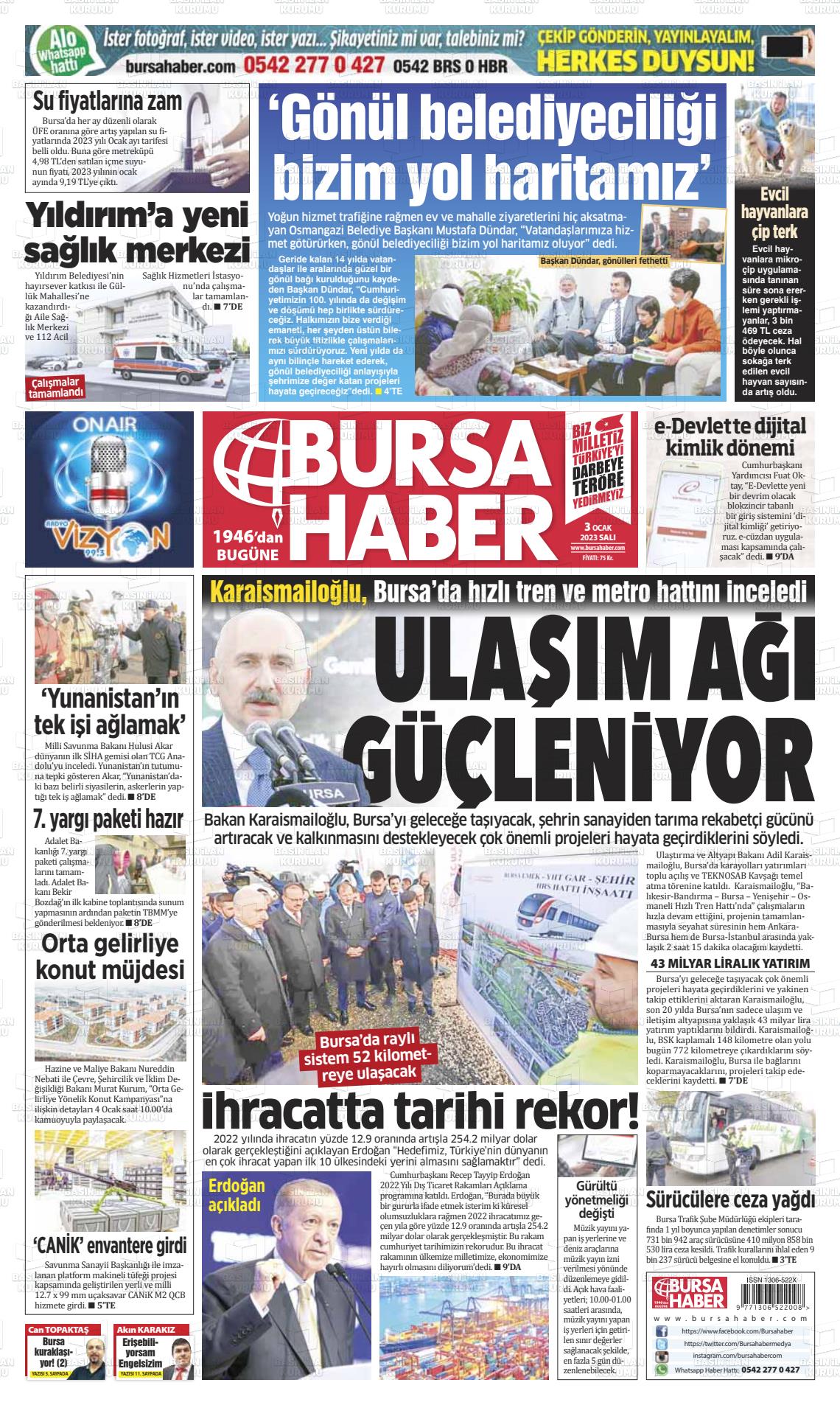 03 Ocak 2023 Bursa Haber Gazete Manşeti