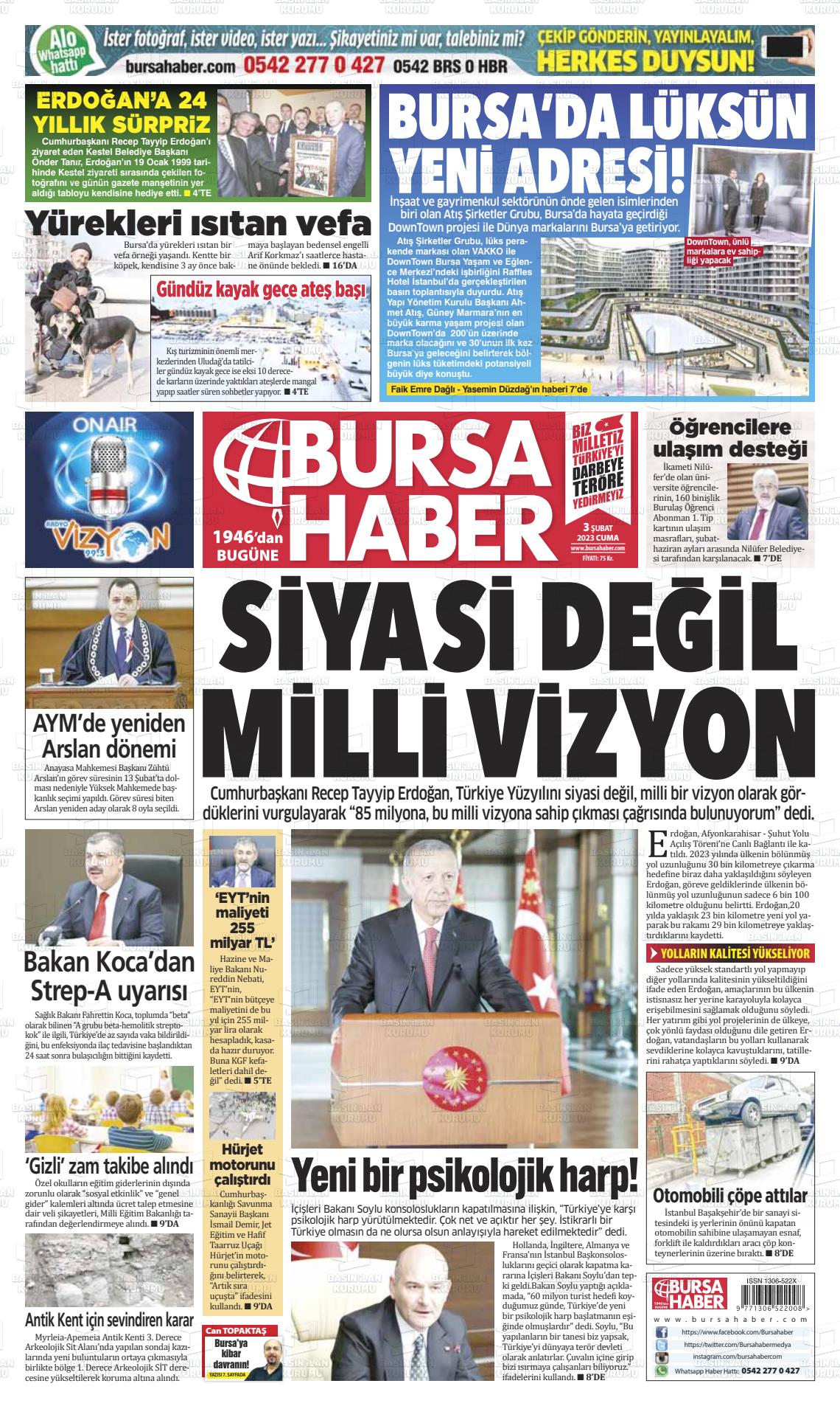 03 Şubat 2023 Bursa Haber Gazete Manşeti