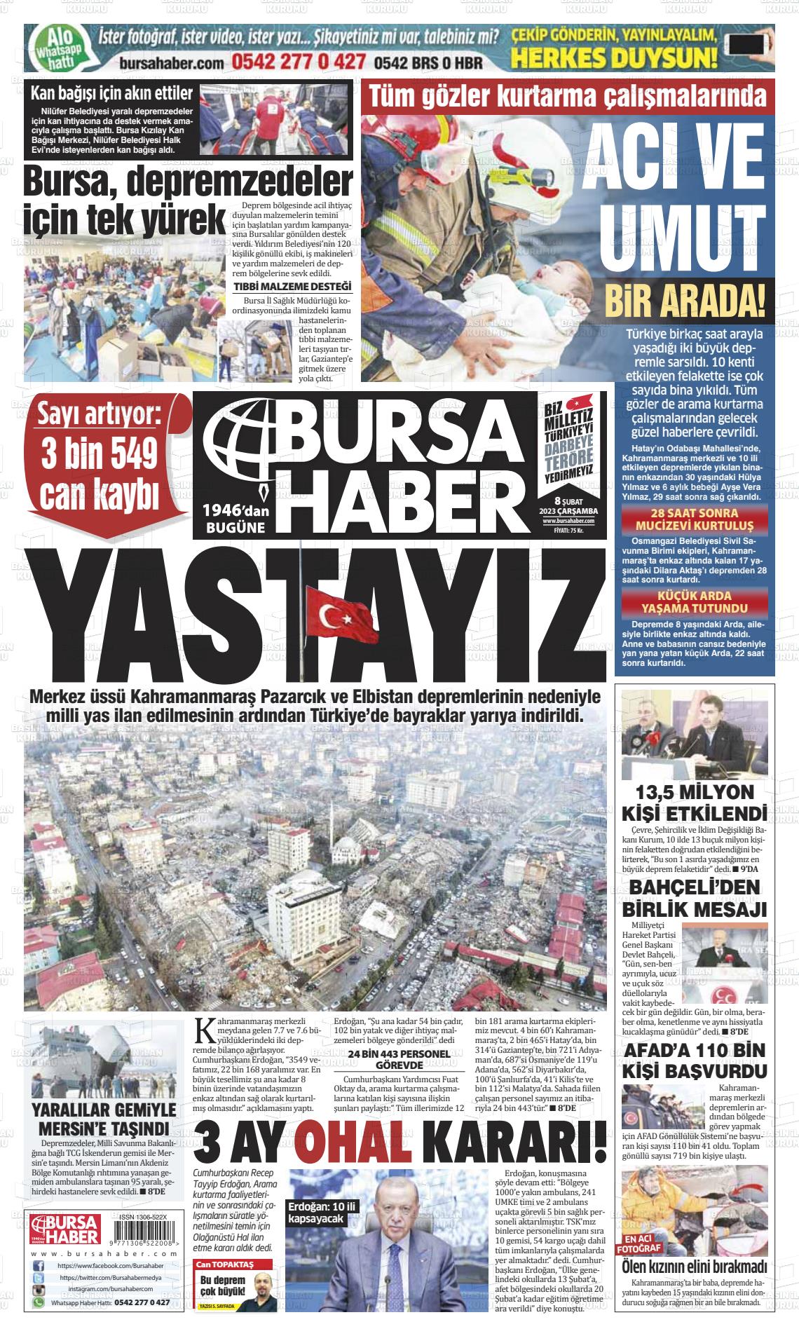 08 Şubat 2023 Bursa Haber Gazete Manşeti