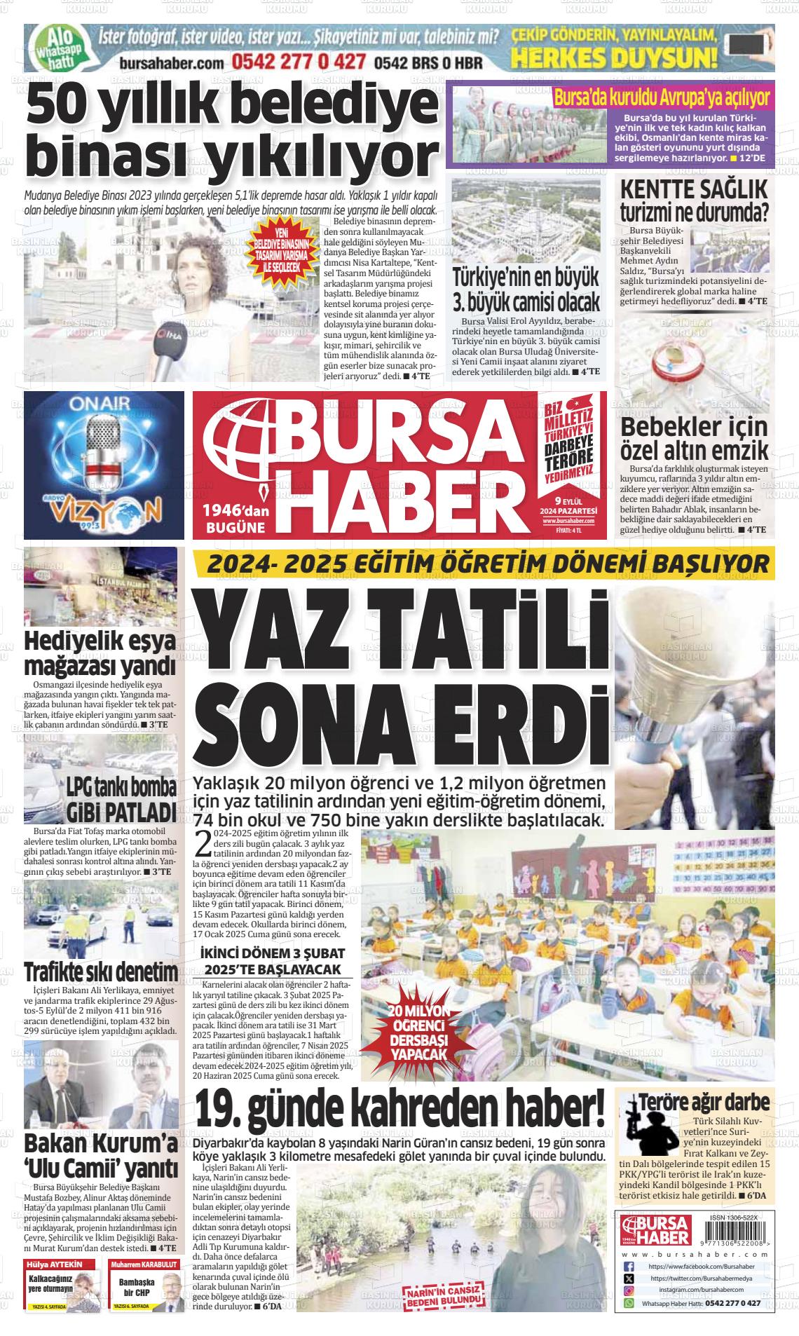 09 Eylül 2024 Bursa Haber Gazete Manşeti