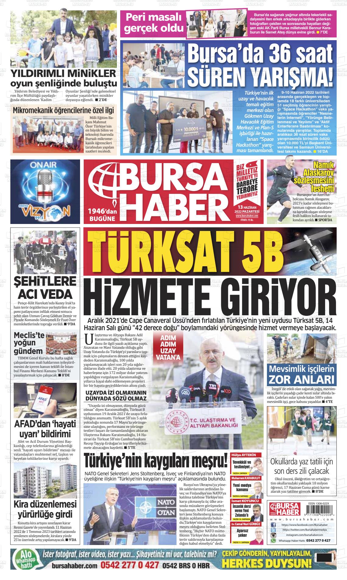 13 Haziran 2022 Bursa Haber Gazete Manşeti