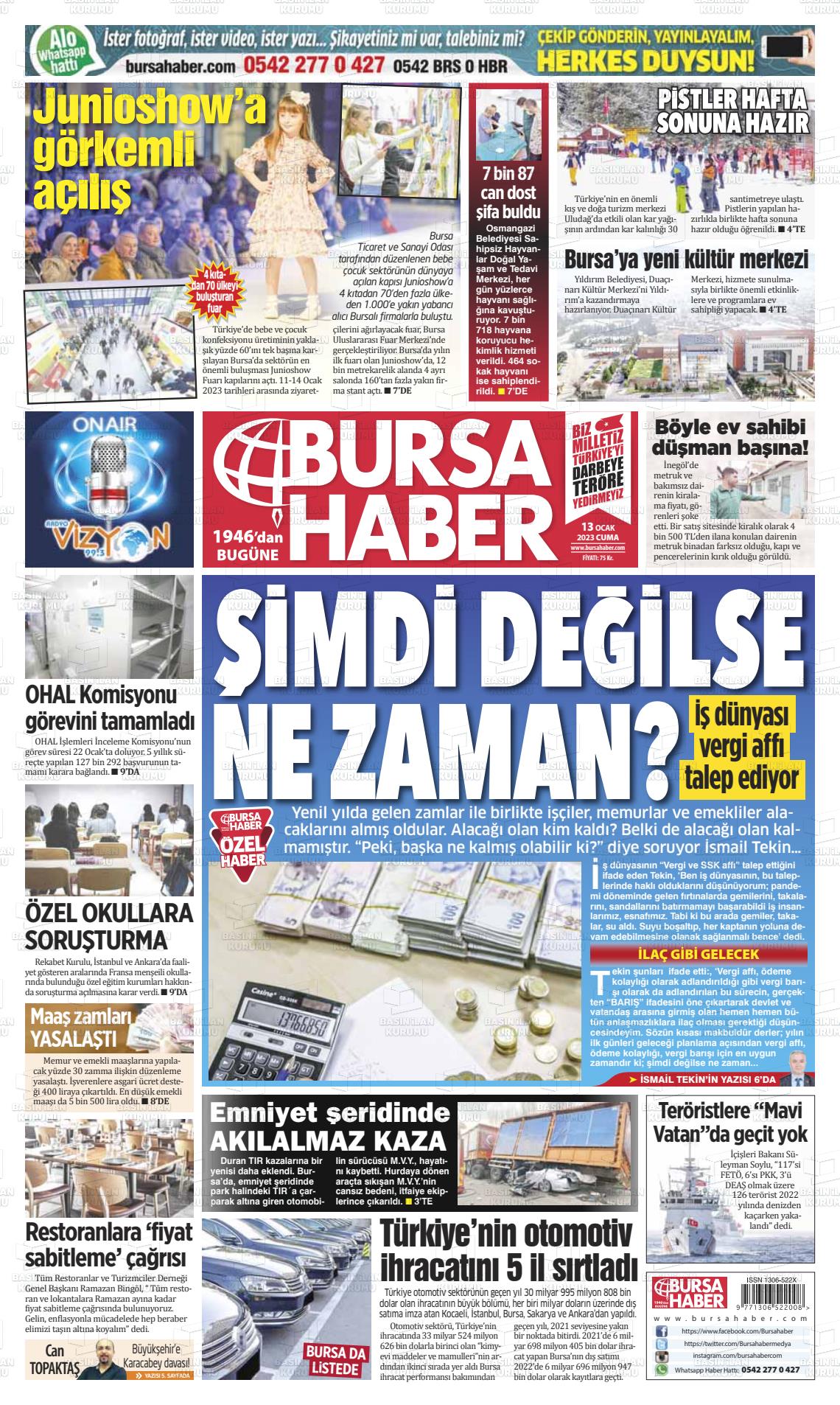 13 Ocak 2023 Bursa Haber Gazete Manşeti