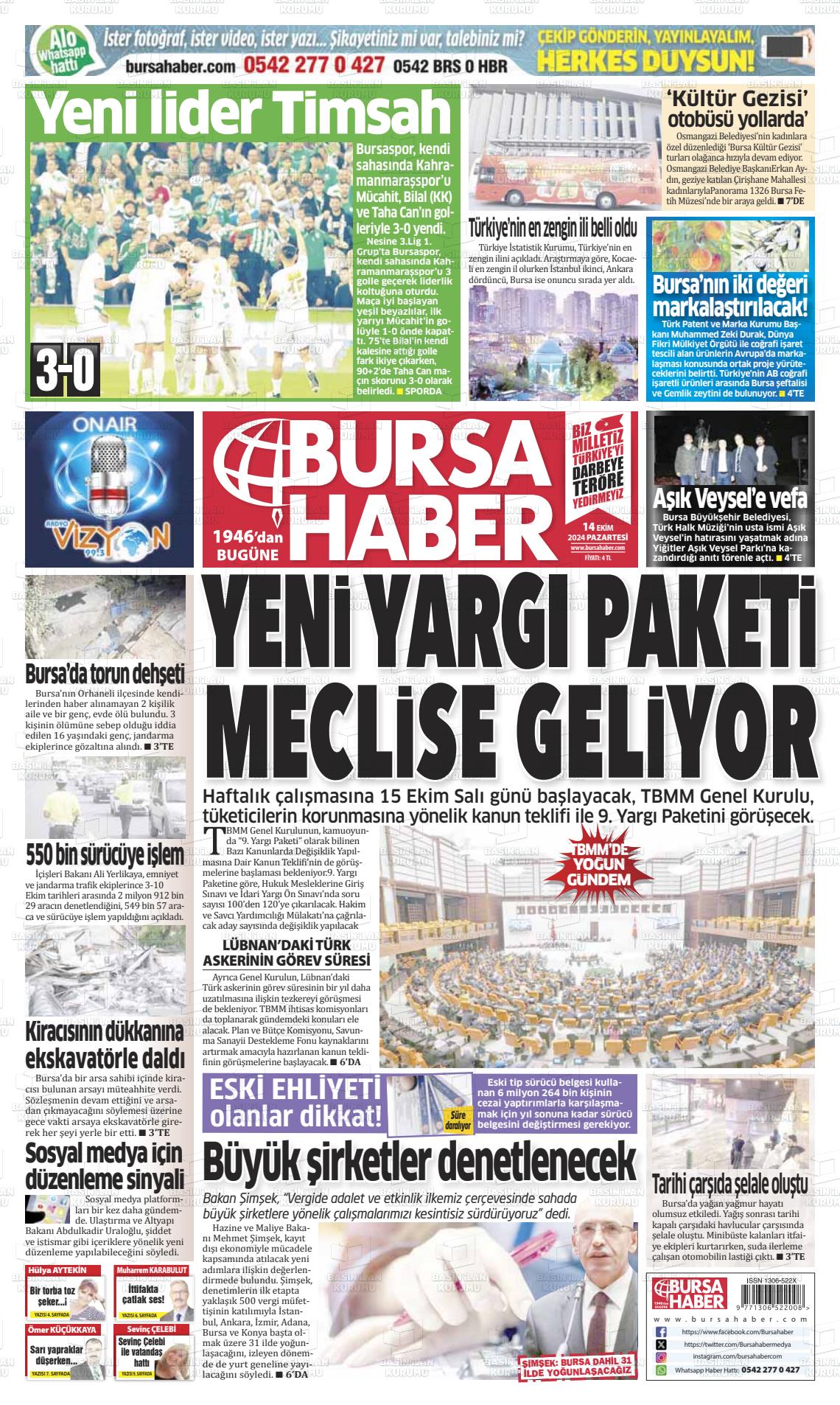 14 Ekim 2024 Bursa Haber Gazete Manşeti