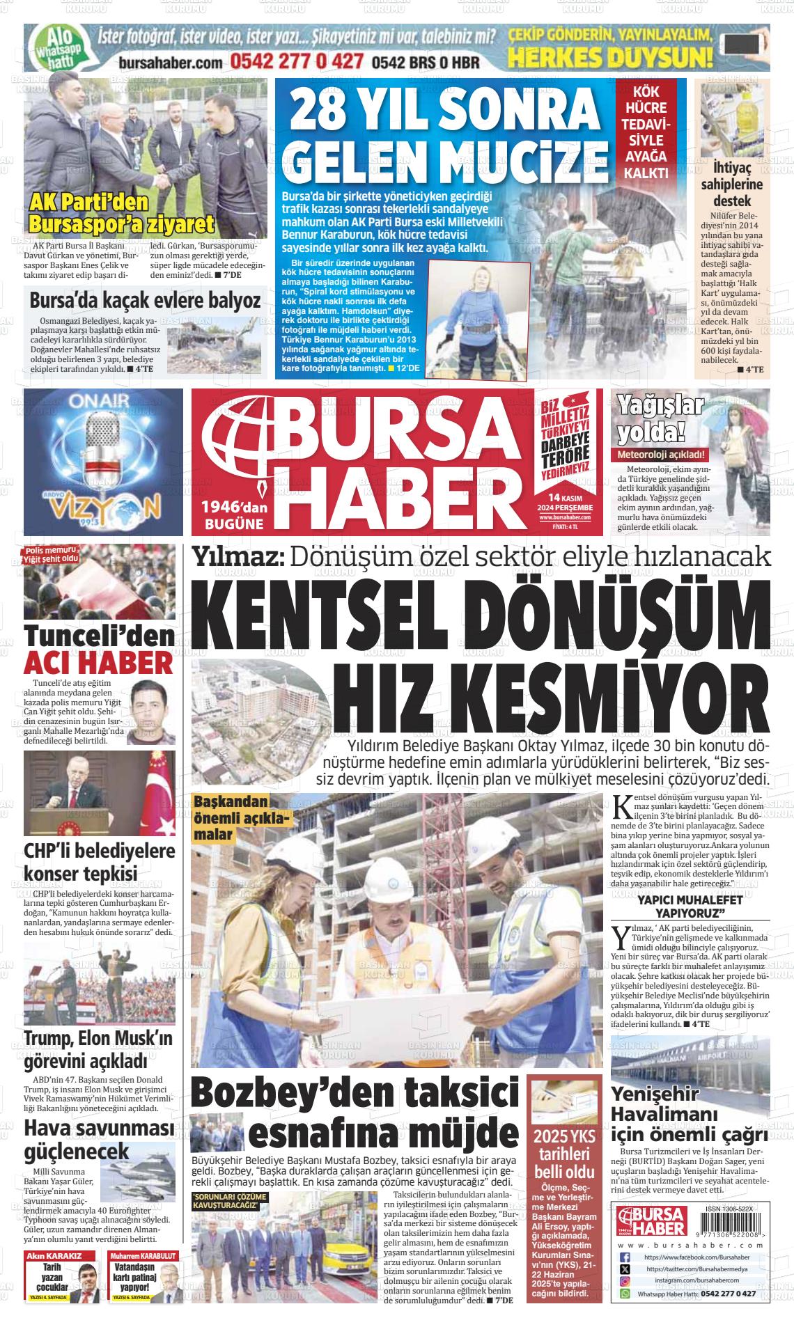 14 Kasım 2024 Bursa Haber Gazete Manşeti