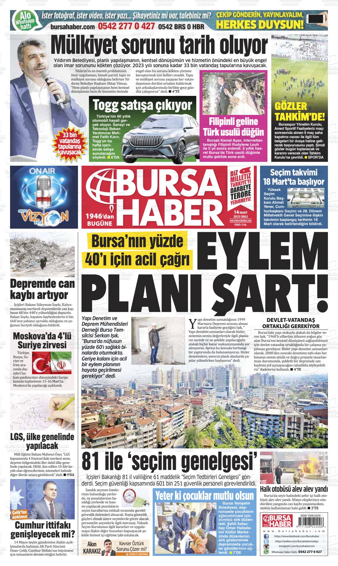 14 Mart 2023 Bursa Haber Gazete Manşeti