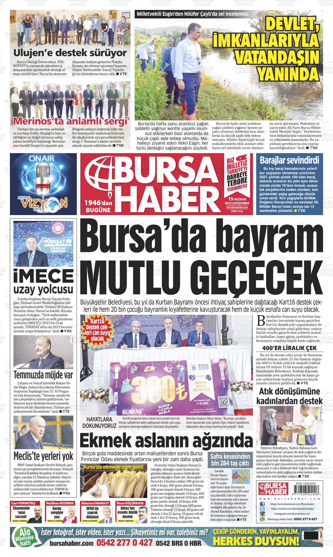 15 Haziran 2022 Bursa Haber Gazete Manşeti