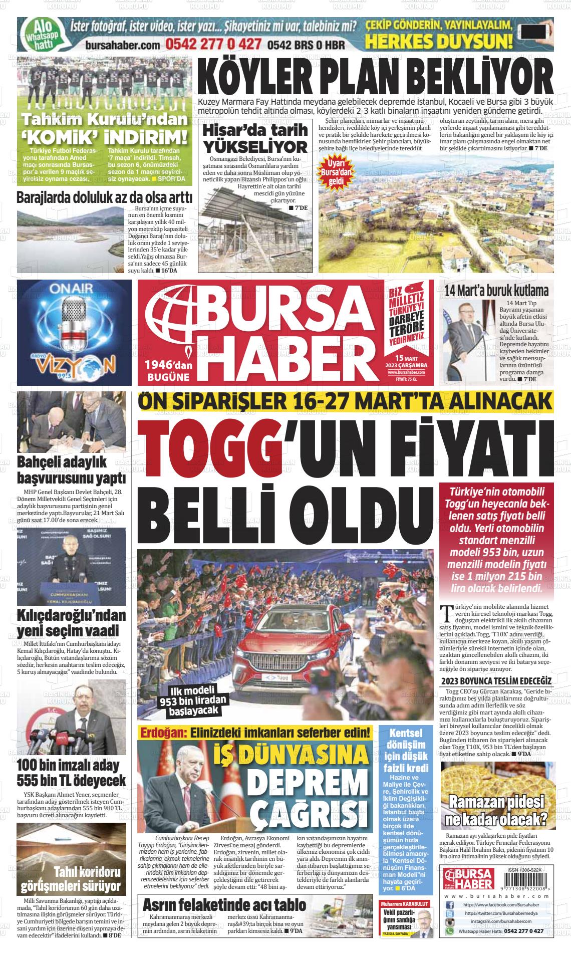 15 Mart 2023 Bursa Haber Gazete Manşeti