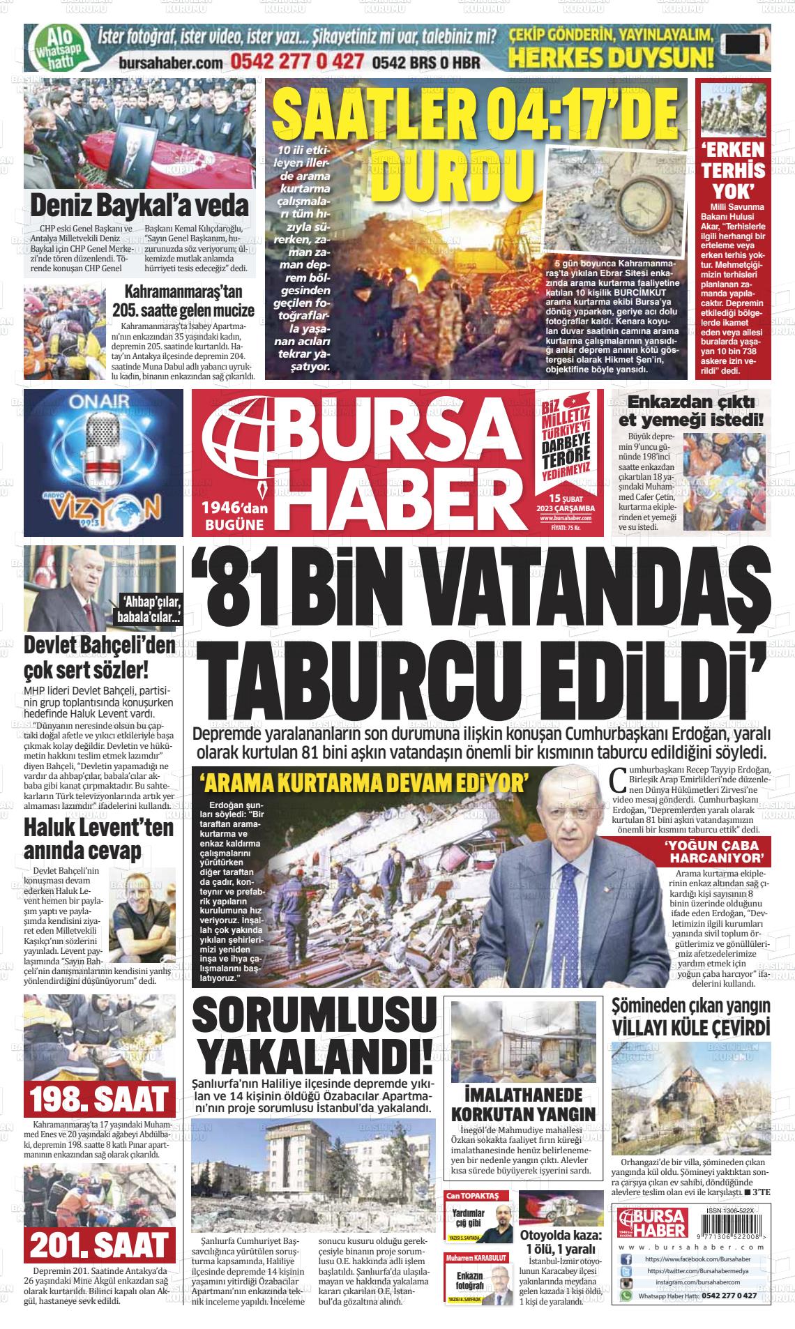 15 Şubat 2023 Bursa Haber Gazete Manşeti