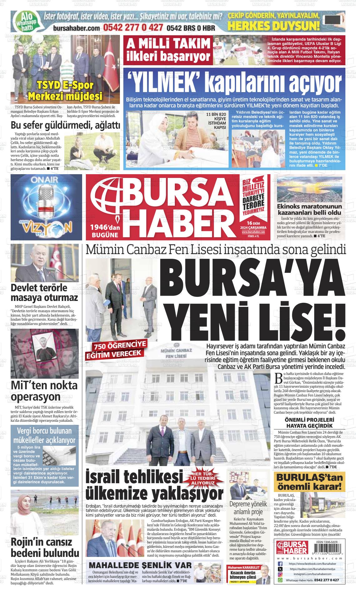 16 Ekim 2024 Bursa Haber Gazete Manşeti