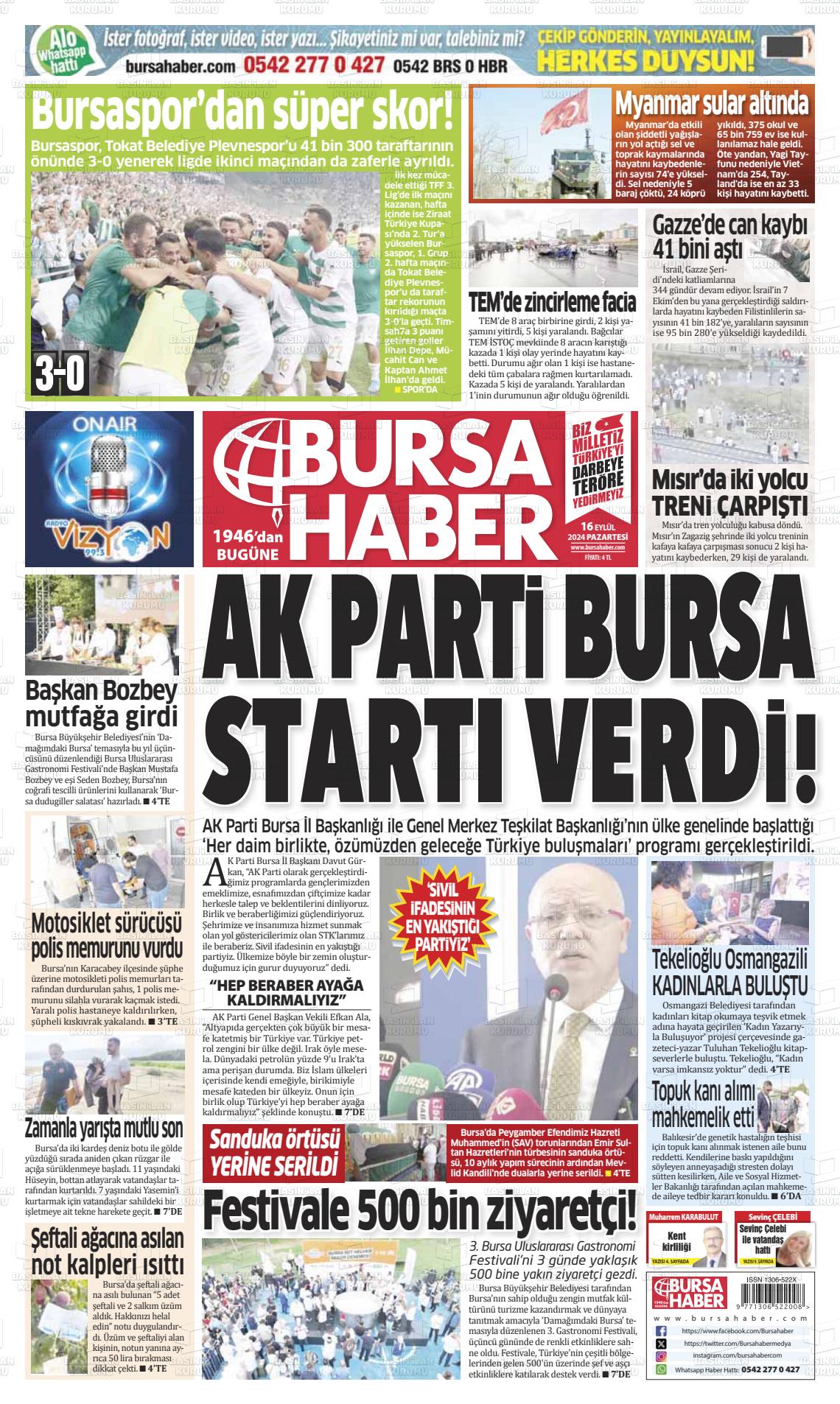 16 Eylül 2024 Bursa Haber Gazete Manşeti