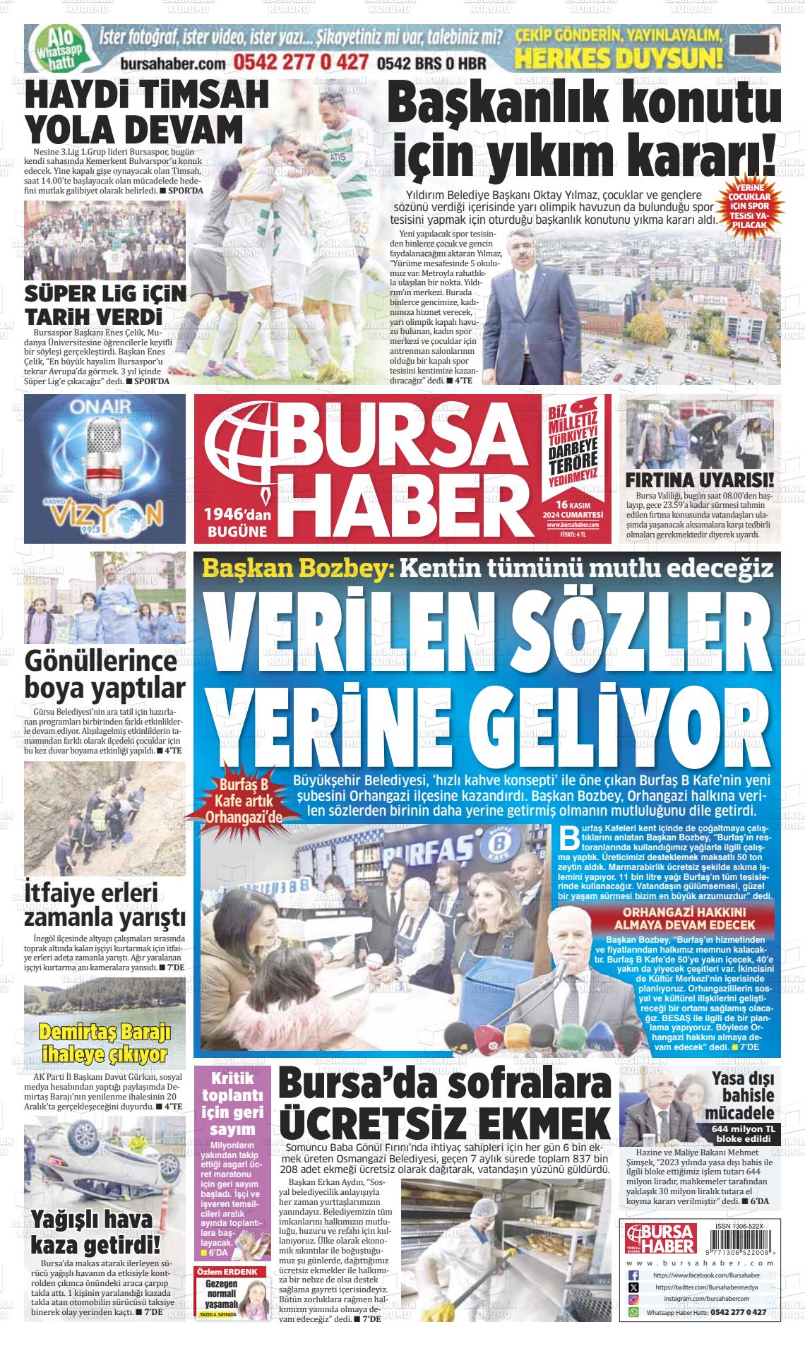 16 Kasım 2024 Bursa Haber Gazete Manşeti