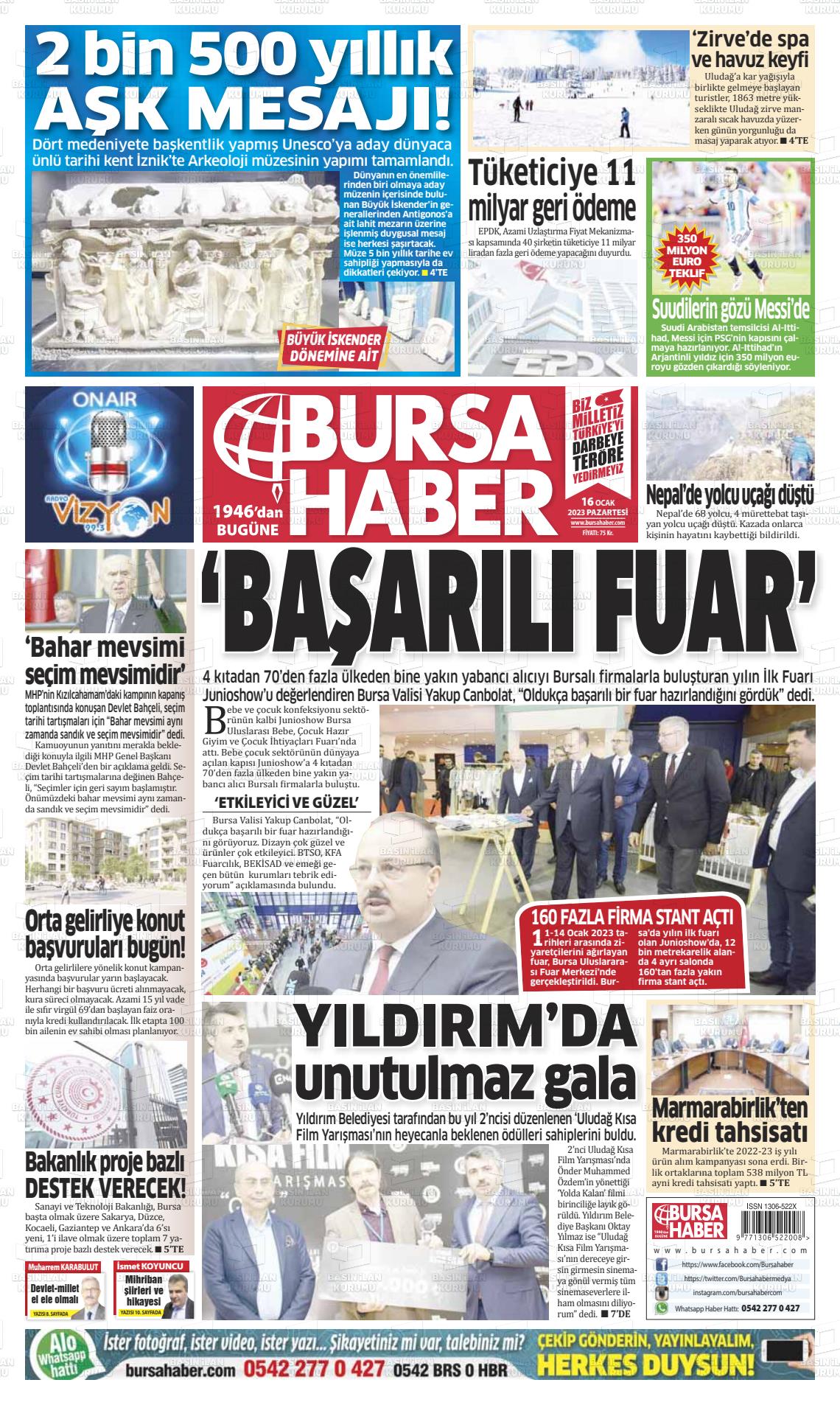 16 Ocak 2023 Bursa Haber Gazete Manşeti