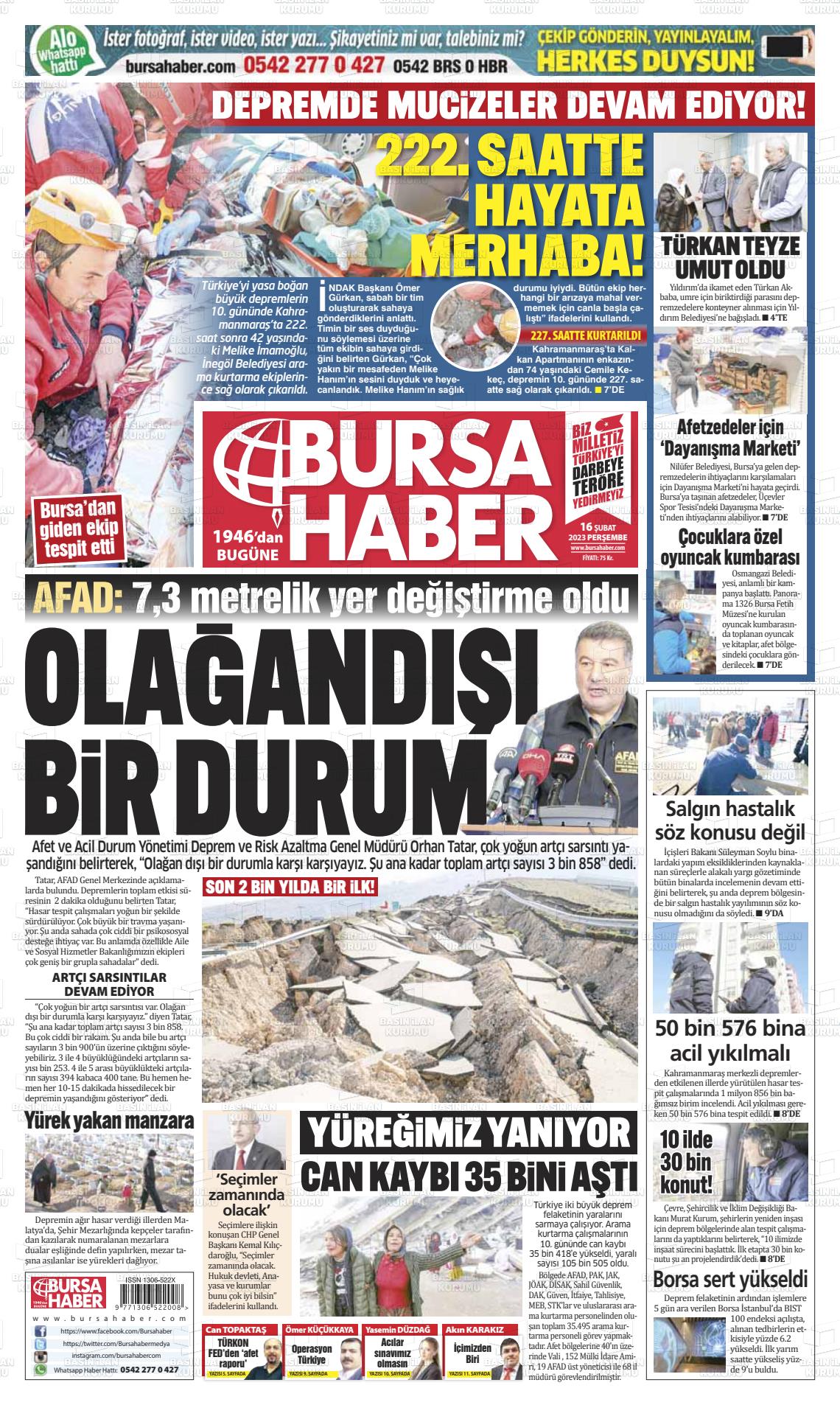 16 Şubat 2023 Bursa Haber Gazete Manşeti