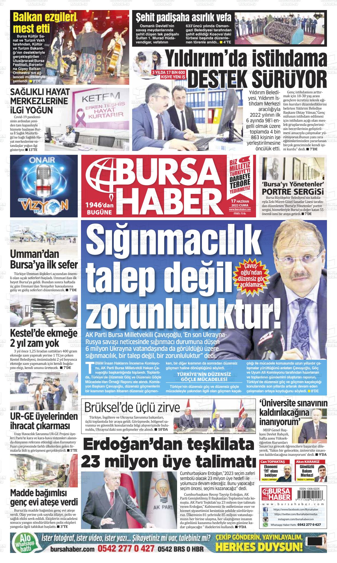 17 Haziran 2022 Bursa Haber Gazete Manşeti