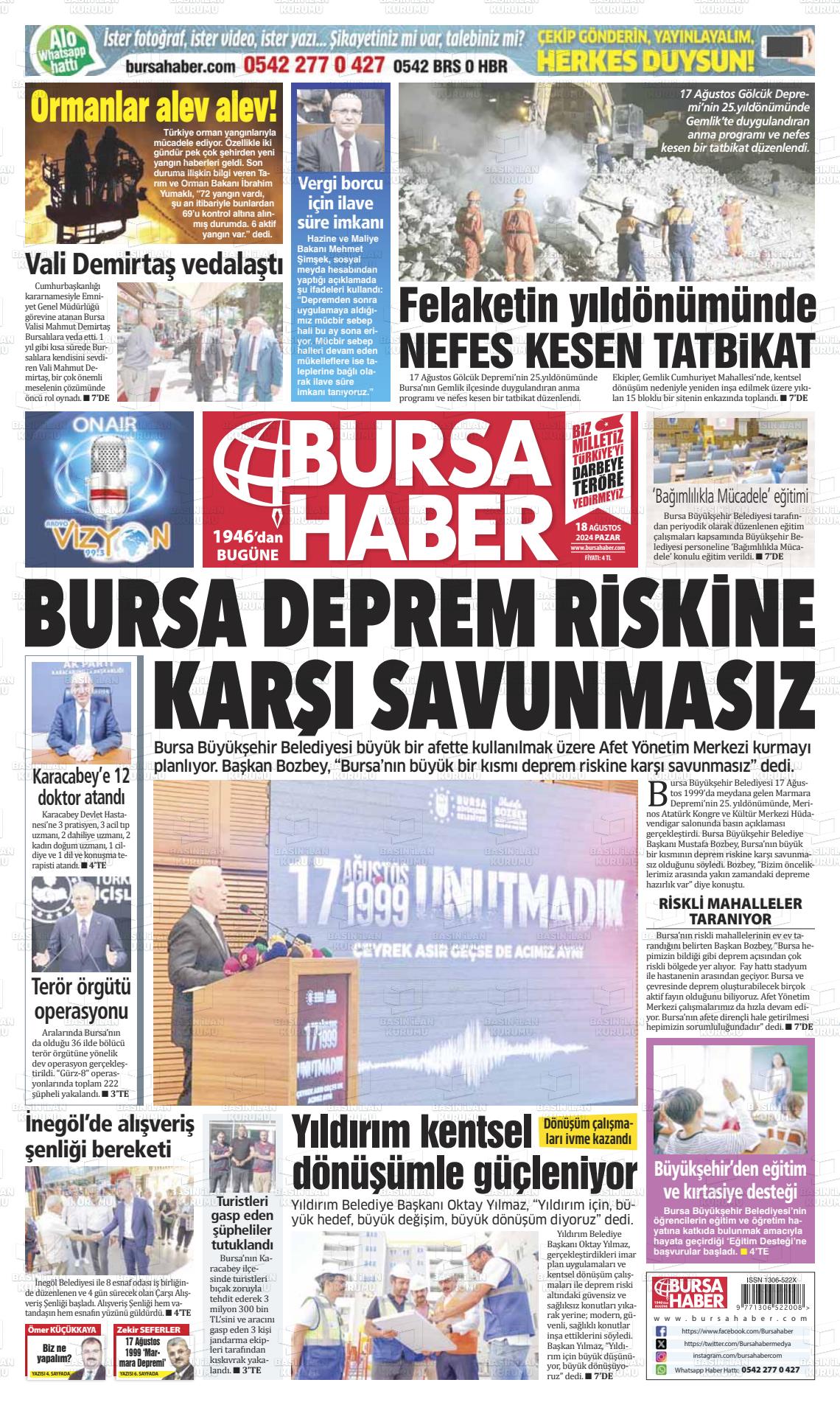 18 Ağustos 2024 Bursa Haber Gazete Manşeti