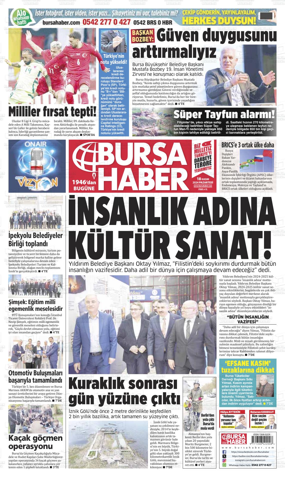 18 Kasım 2024 Bursa Haber Gazete Manşeti