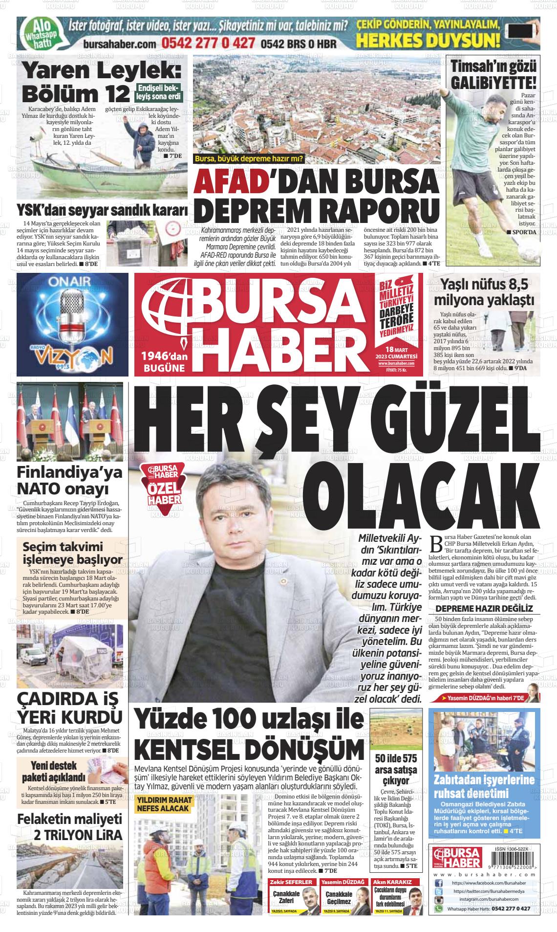 18 Mart 2023 Bursa Haber Gazete Manşeti