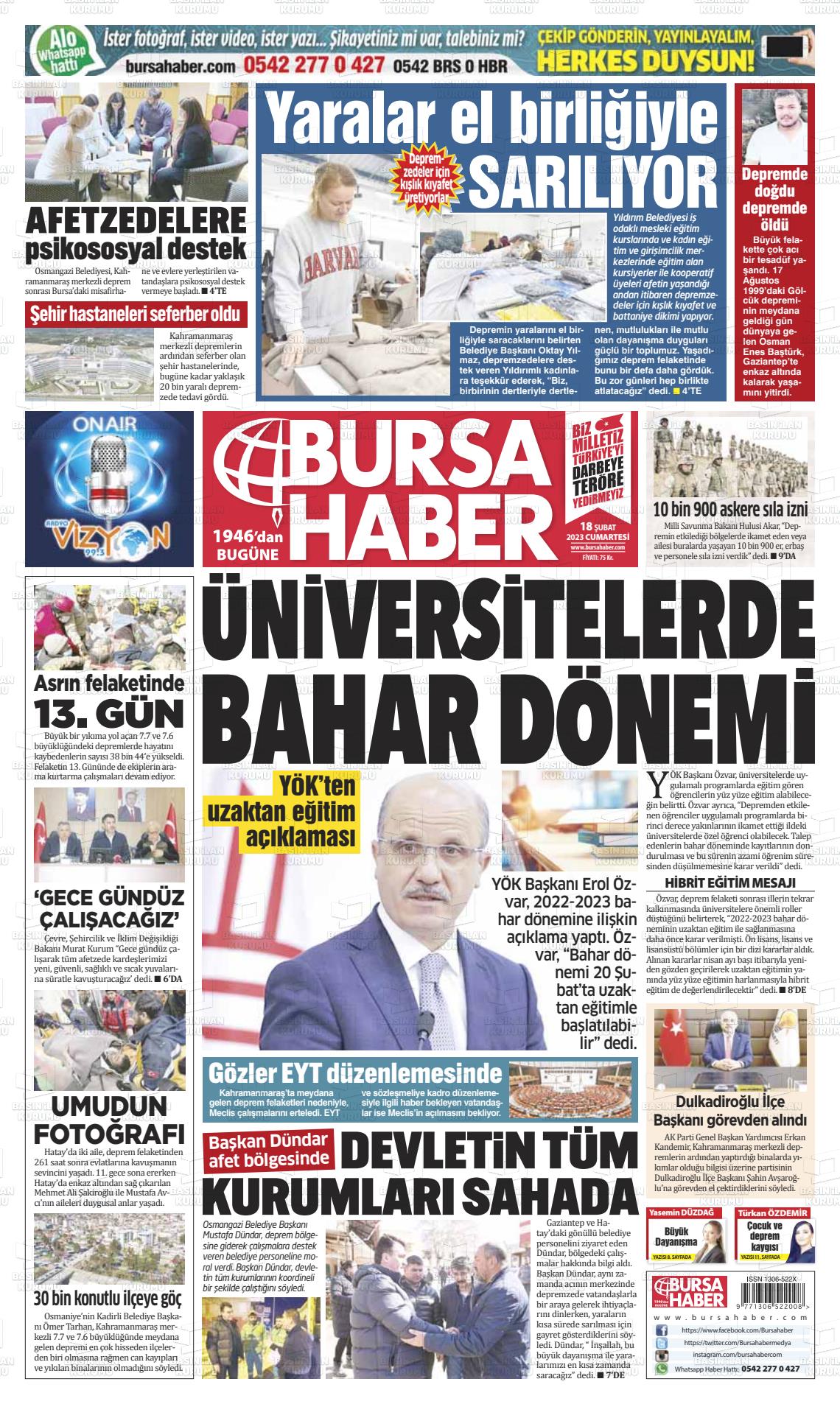 18 Şubat 2023 Bursa Haber Gazete Manşeti