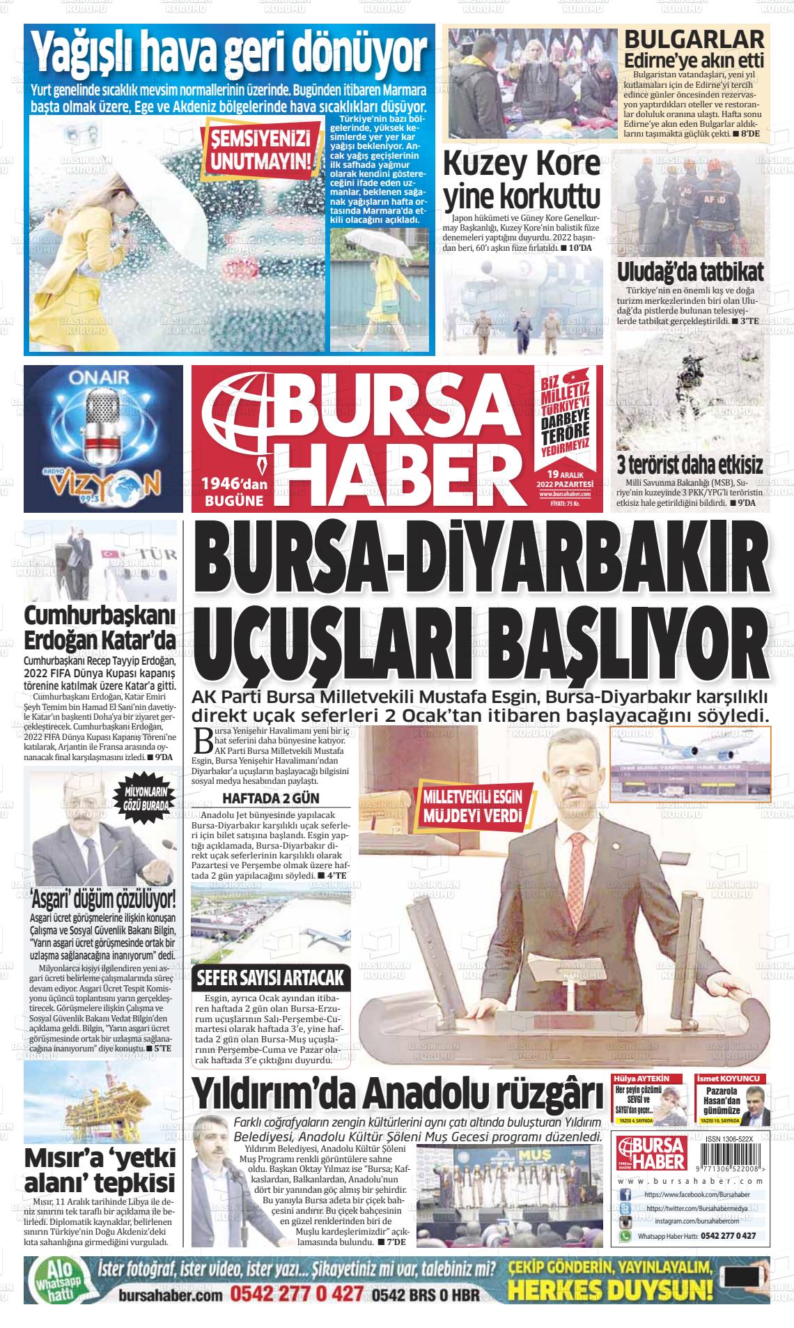 19 Aralık 2022 Bursa Haber Gazete Manşeti