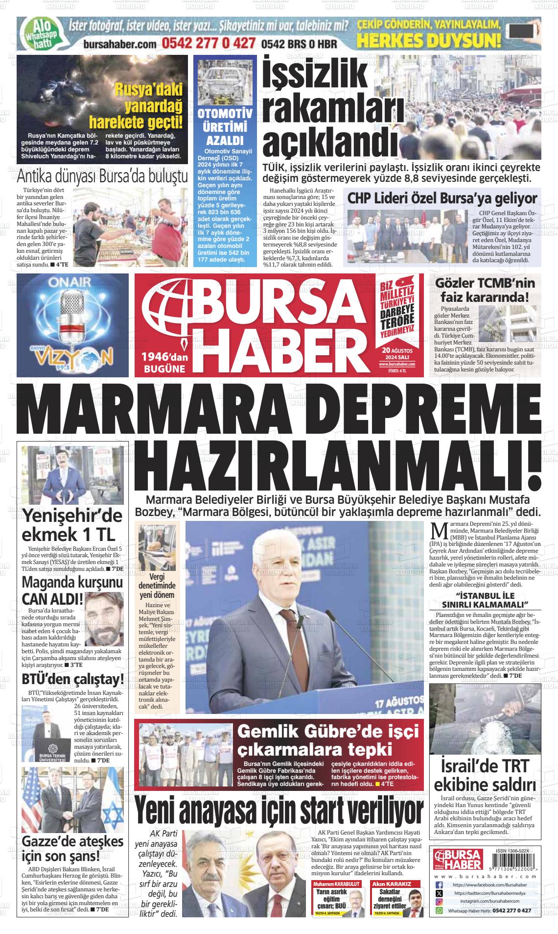 20 Ağustos 2024 Bursa Haber Gazete Manşeti