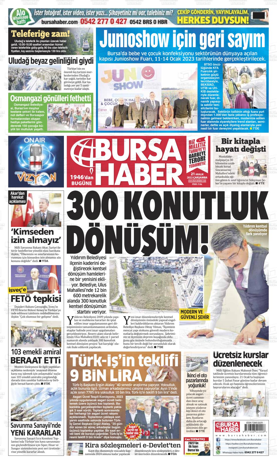 21 Aralık 2022 Bursa Haber Gazete Manşeti