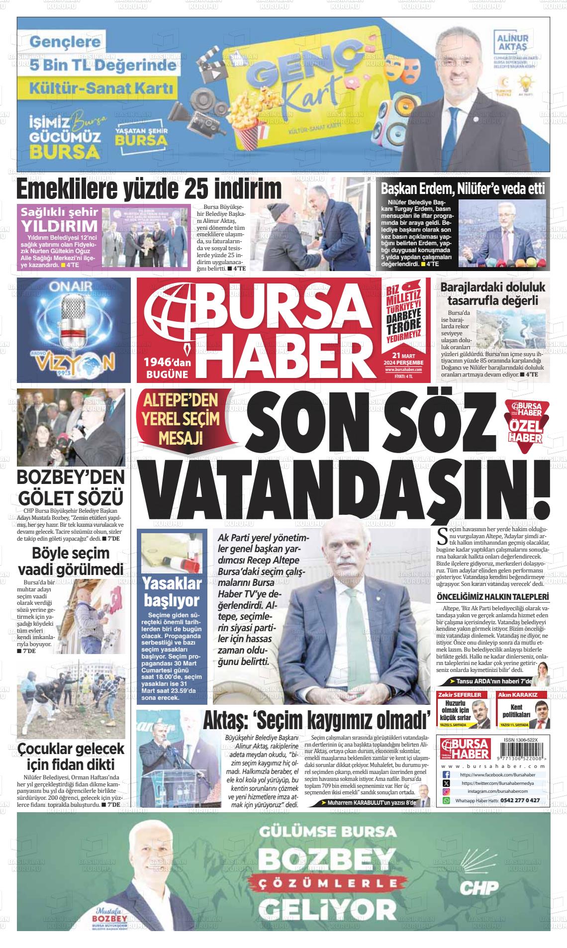 21 Mart 2024 Bursa Haber Gazete Manşeti